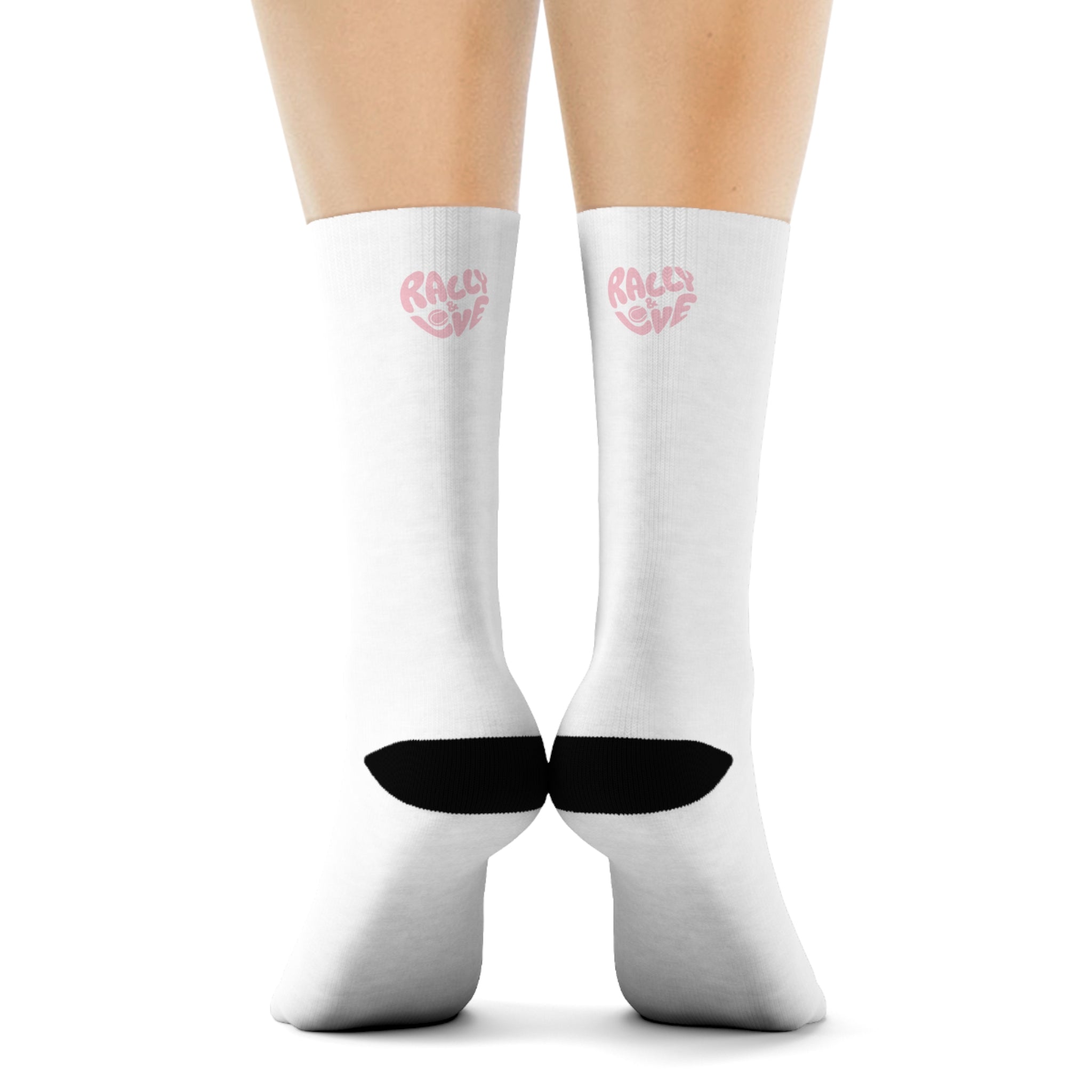 Women's Socks — White/'Rally & Love' Pink Heart Graphic Cotton Crew Socks