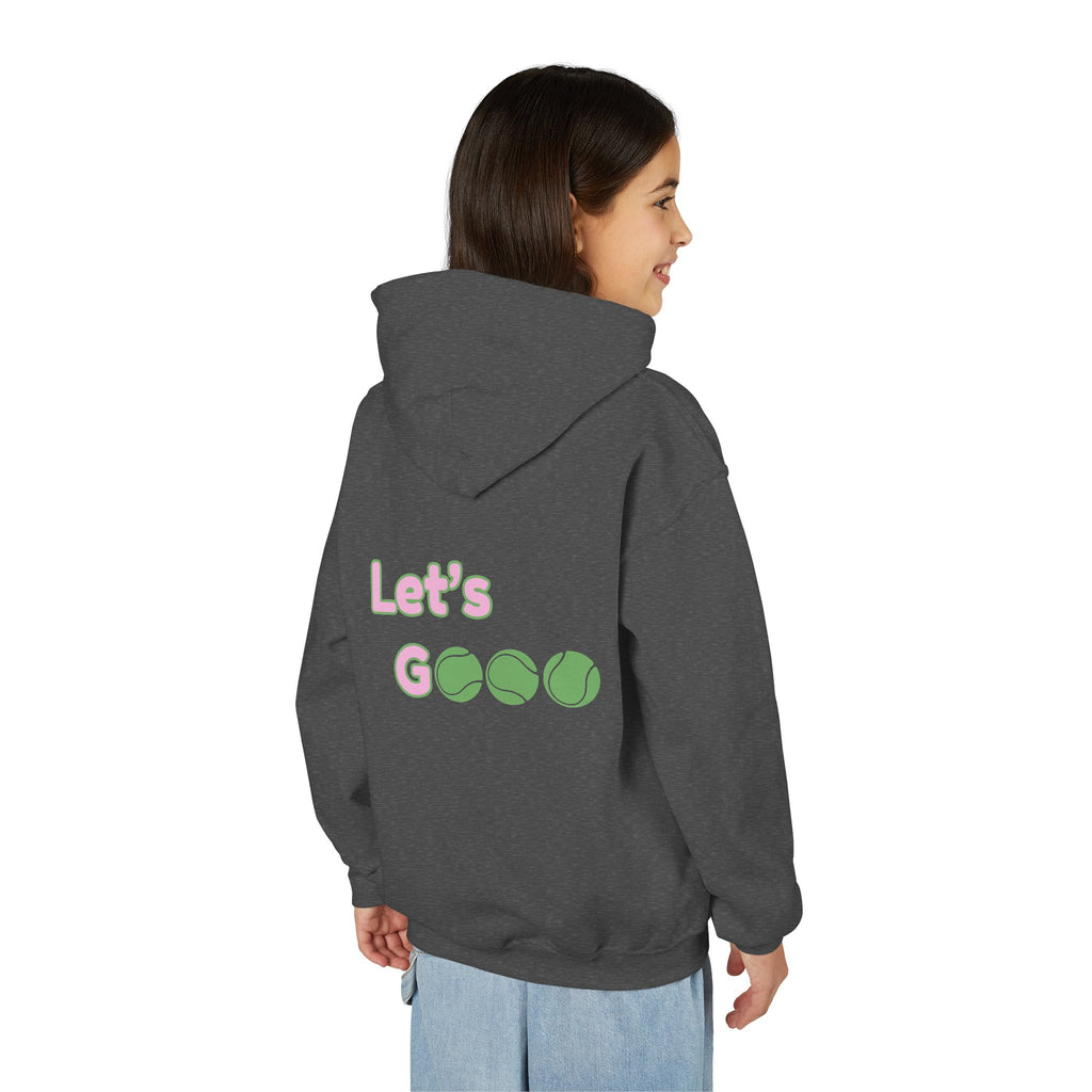 Girl's Junior Hoodie sweatshirt — “Let’s Go” Tennis Graphic Sweatshirt (Pink & Green)