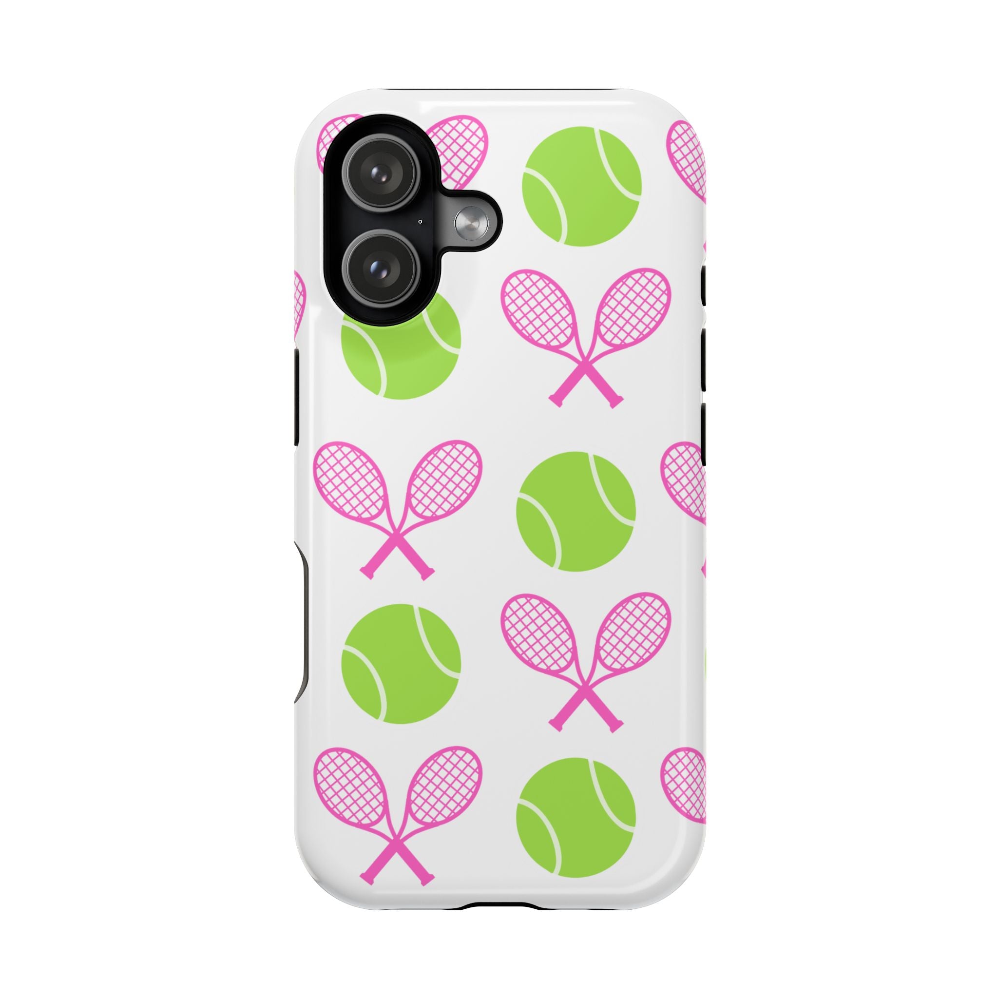 Tennis Pattern Impact-Resistant Phone Case — Pink Rackets & Green Balls
