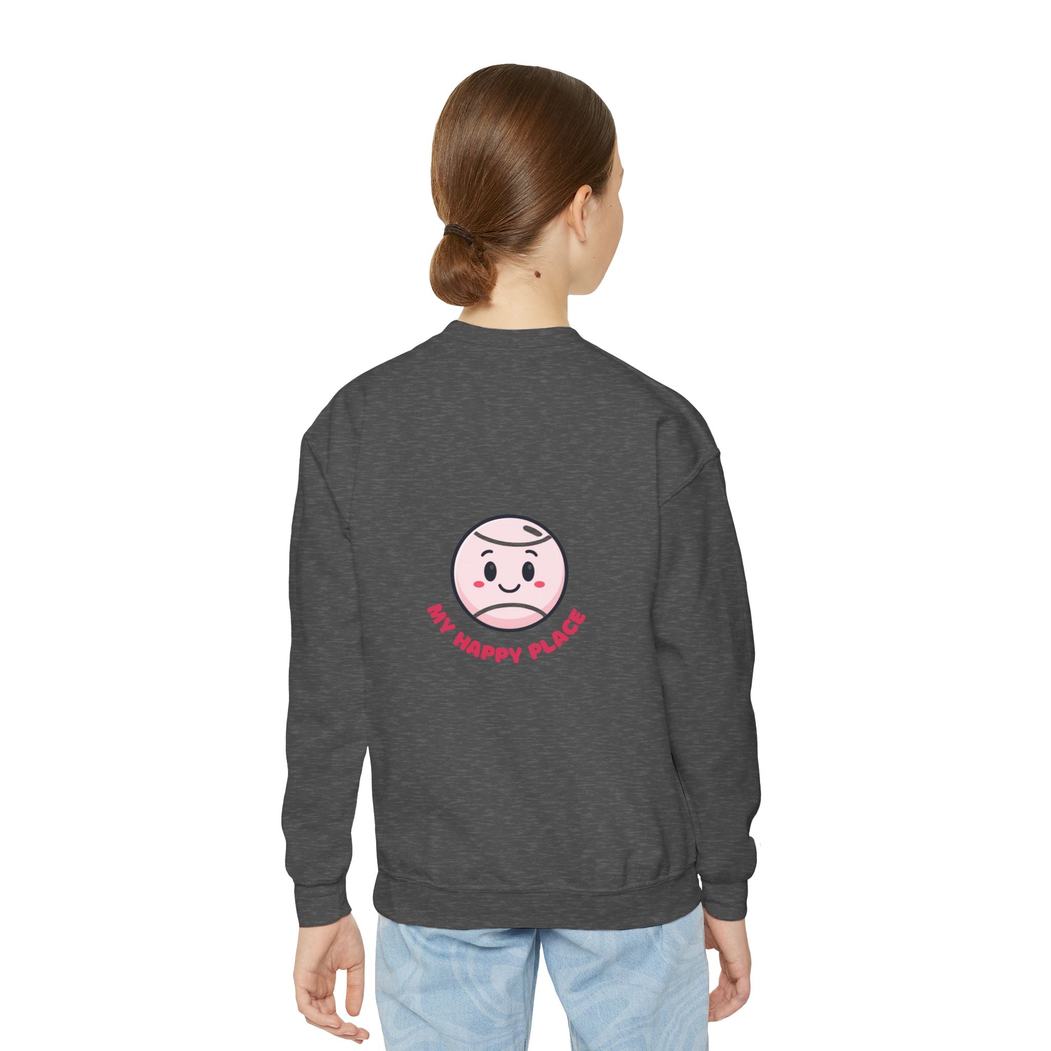 Girl's Junior Crewneck Sweatshirt — Cute Smiling Tennis Ball "My Happy Place" Kids Shirt