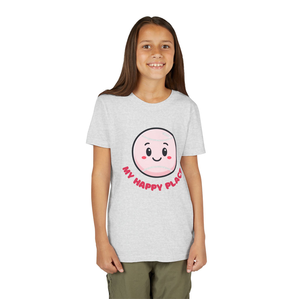 Girl's Junior Tee — Cute Smiling Tennis Ball "My Happy Place" Kids Shirt