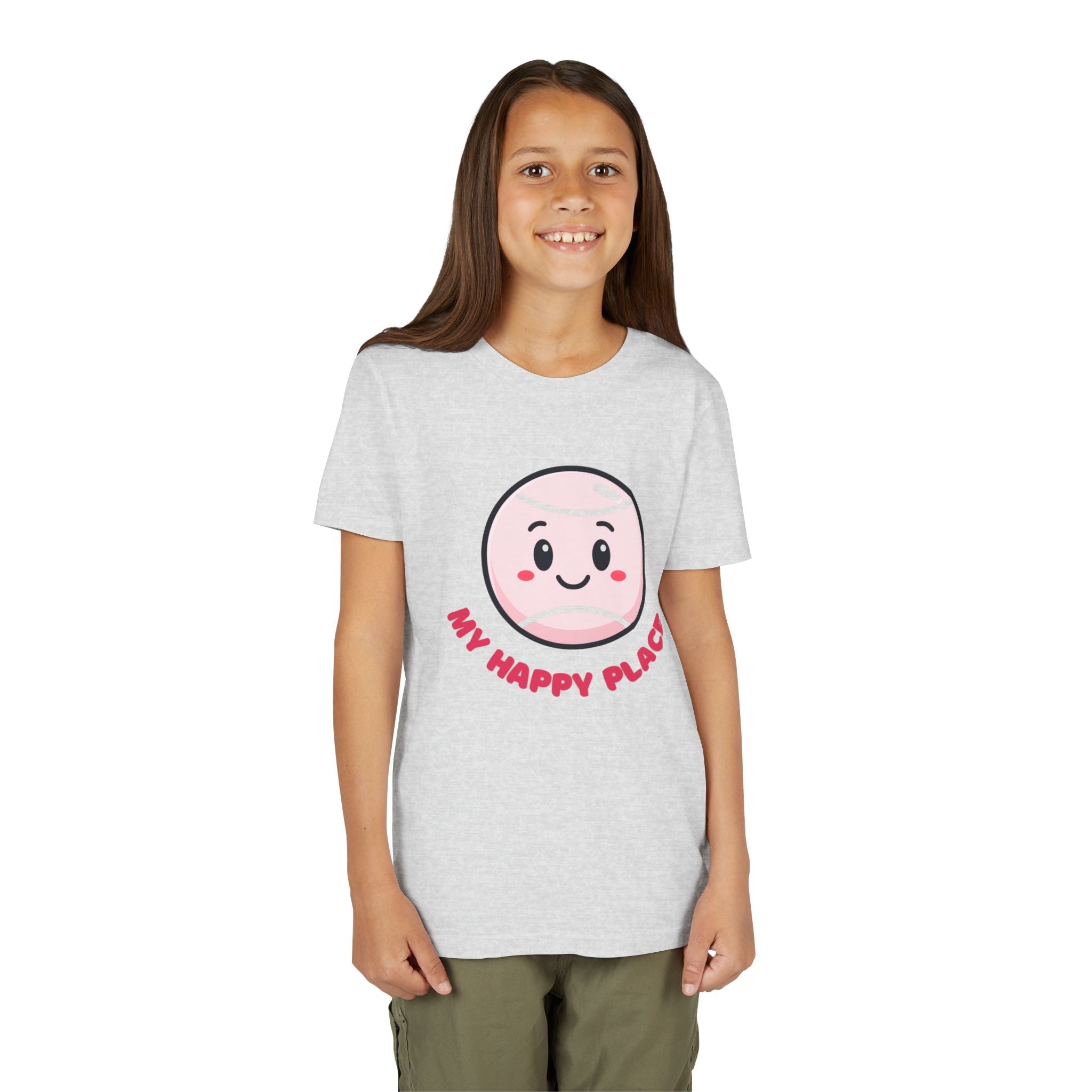 Girl's Junior Tee — Cute Smiling Tennis Ball "My Happy Place" Kids Shirt