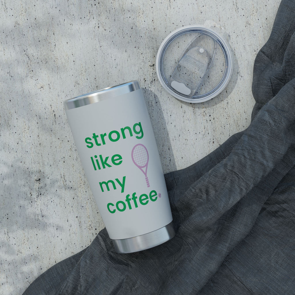 20oz Coffee Tumbler — "Strong Like My Coffee" Tennis Graphic Insulated Travel Cup (bubblegum pink/green)