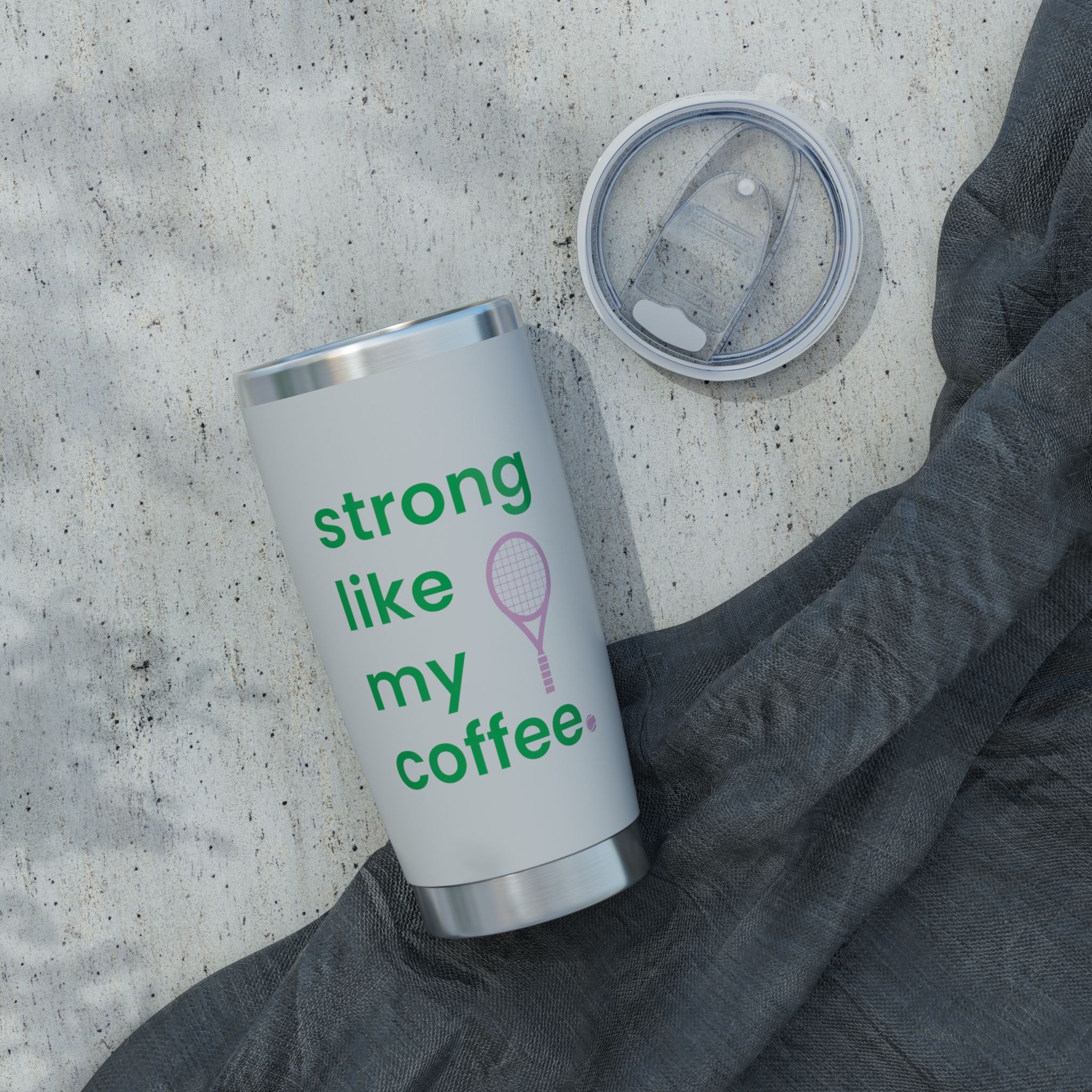 20oz Coffee Tumbler — "Strong Like My Coffee" Tennis Graphic Insulated Travel Cup (bubblegum pink/green)