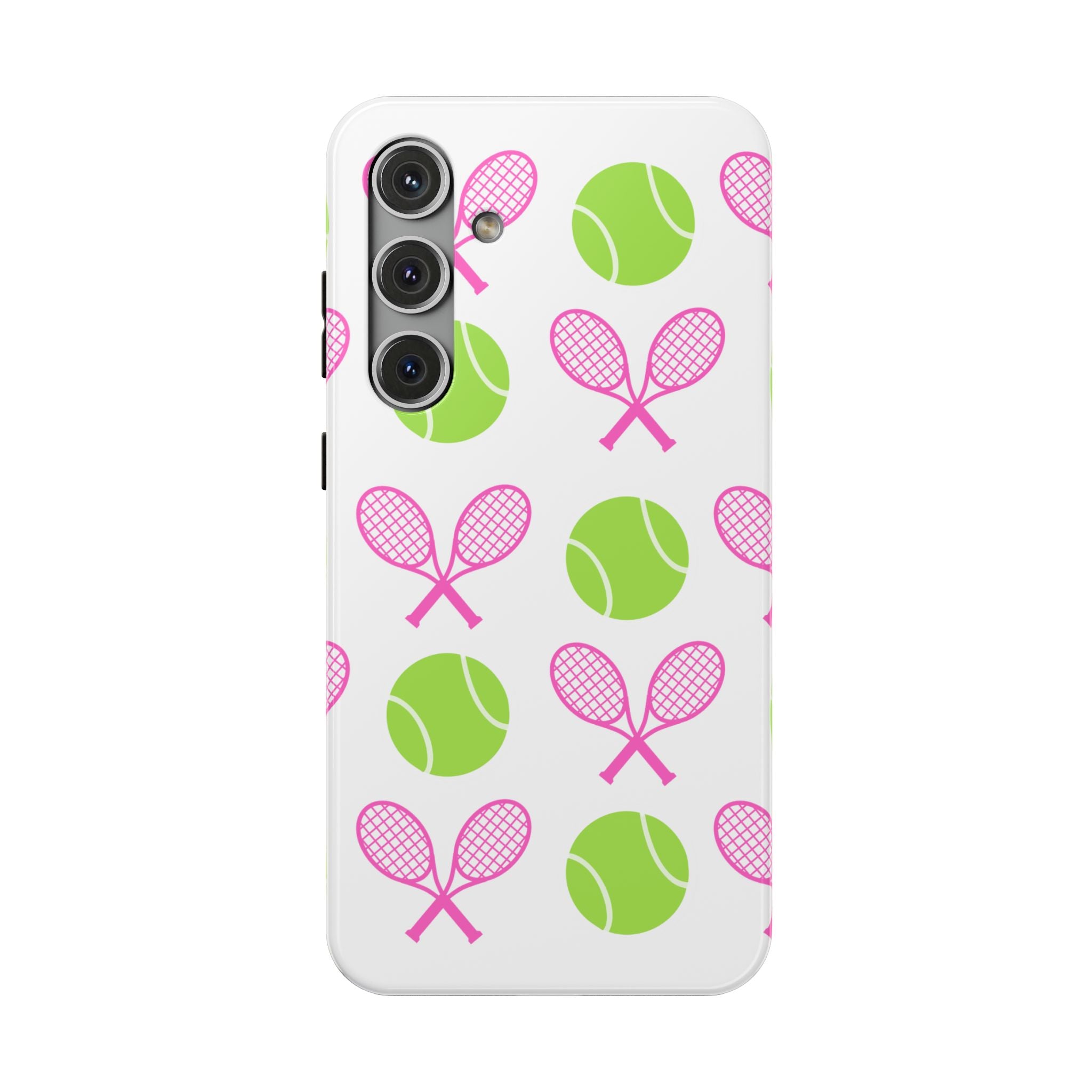 Tennis Pattern Impact-Resistant Phone Case — Pink Rackets & Green Balls