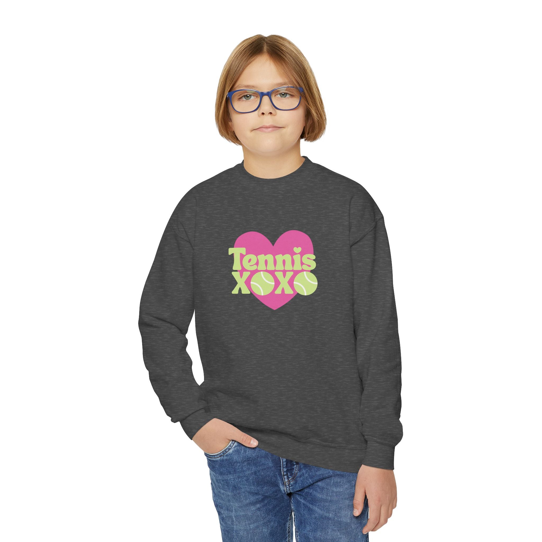 Girl Junior's Crewneck Sweatshirt — Pink Heart “Tennis XOXO” Graphic sweatshirt