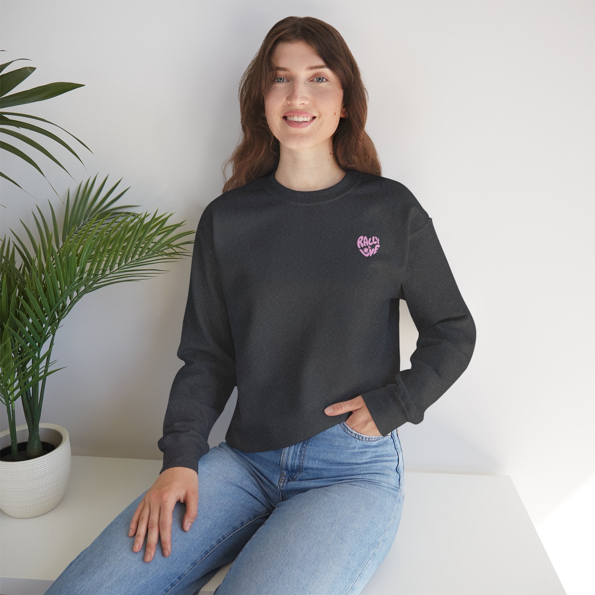 Women's Crewneck Sweatshirt — "Rally & Love" logo Chest Sweatshirt (bubblegum pink)