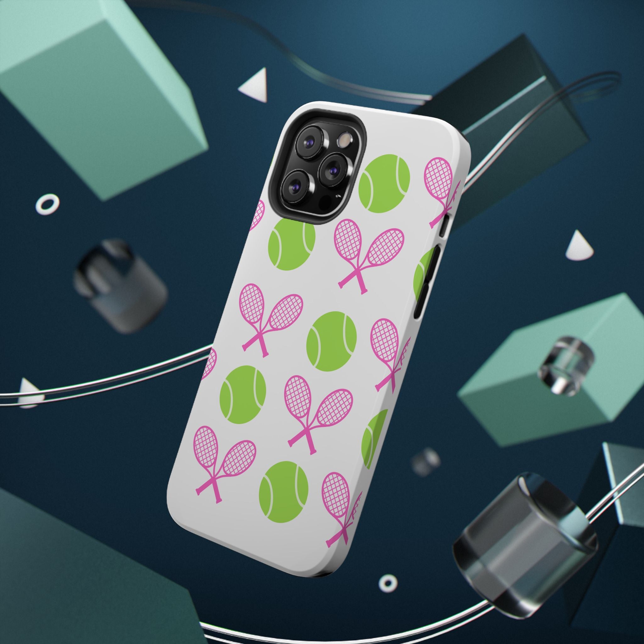 Tennis Pattern Impact-Resistant Phone Case — Pink Rackets & Green Balls