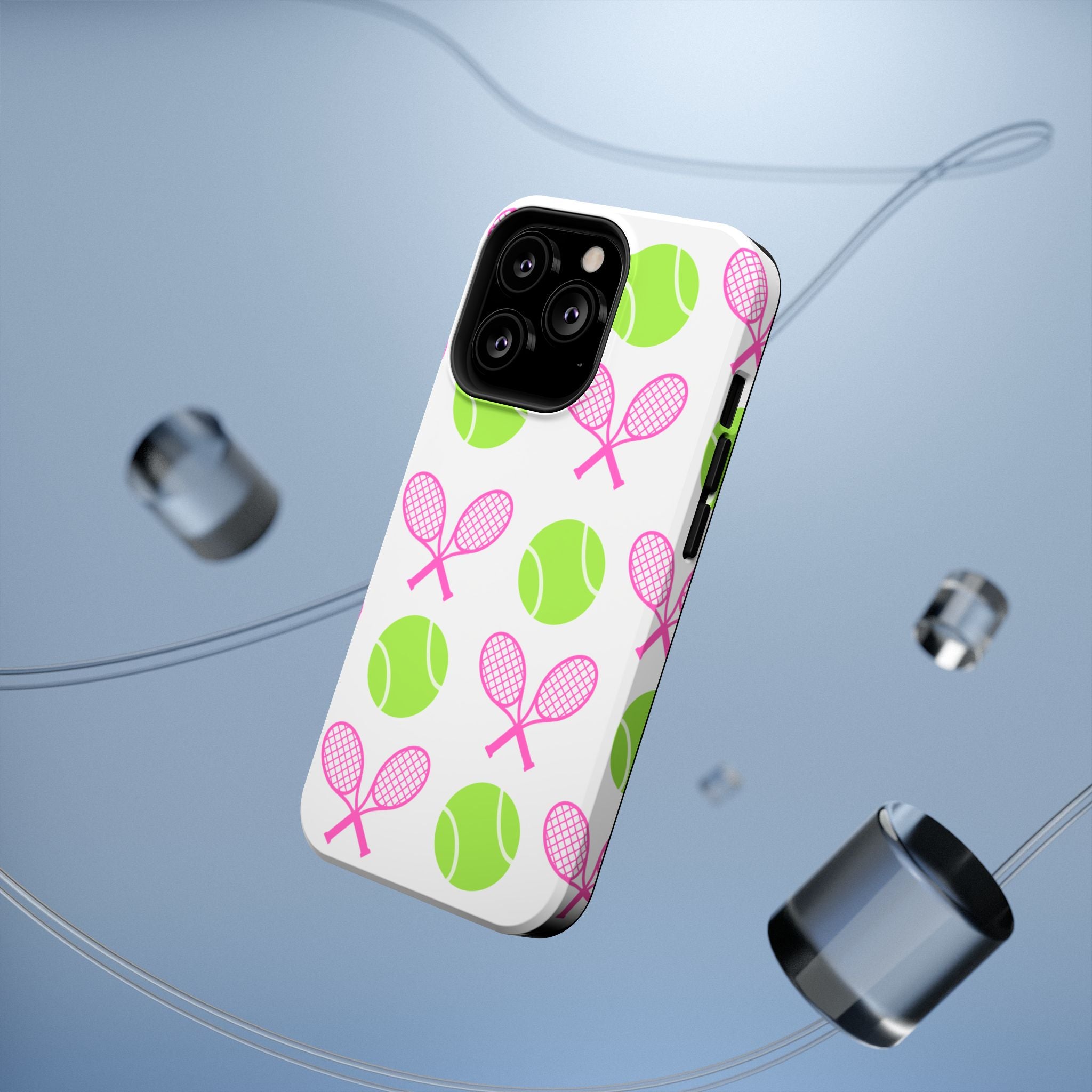 Tennis Pattern Impact-Resistant Phone Case — Pink Rackets & Green Balls