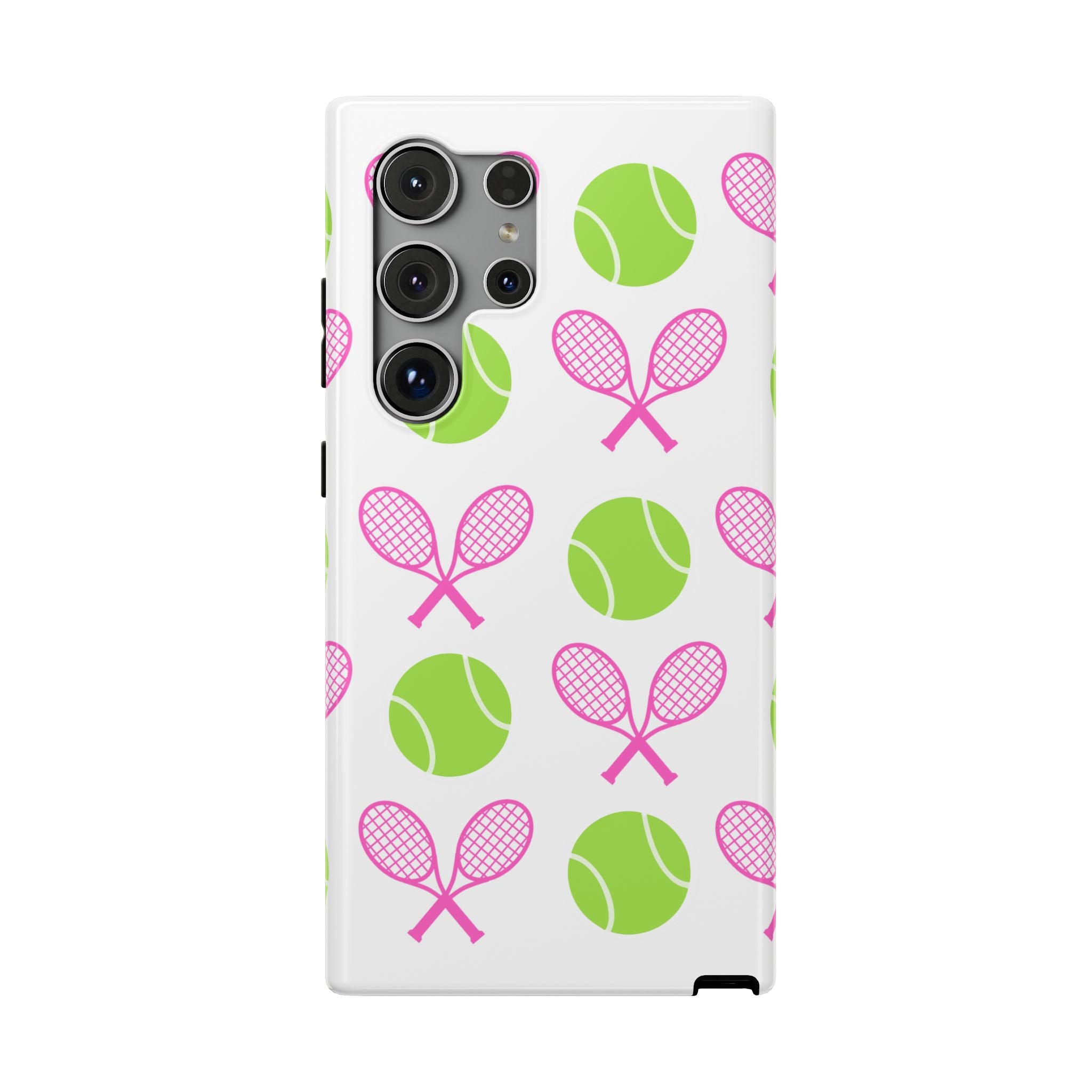 Tennis Pattern Impact-Resistant Phone Case — Pink Rackets & Green Balls