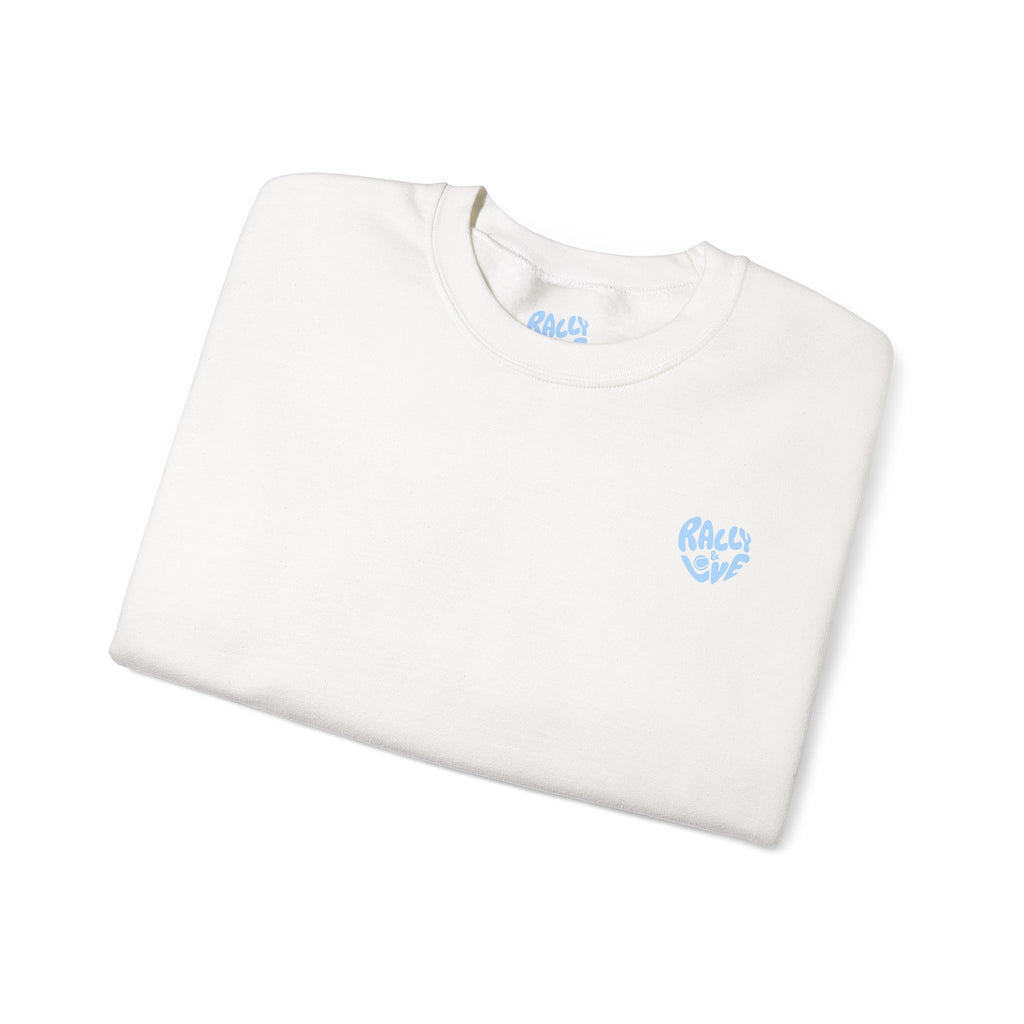 Women's Crewneck Sweatshirt — Minimal ‘Game Set Match’ Tennis Graphic (bubblegum blue)