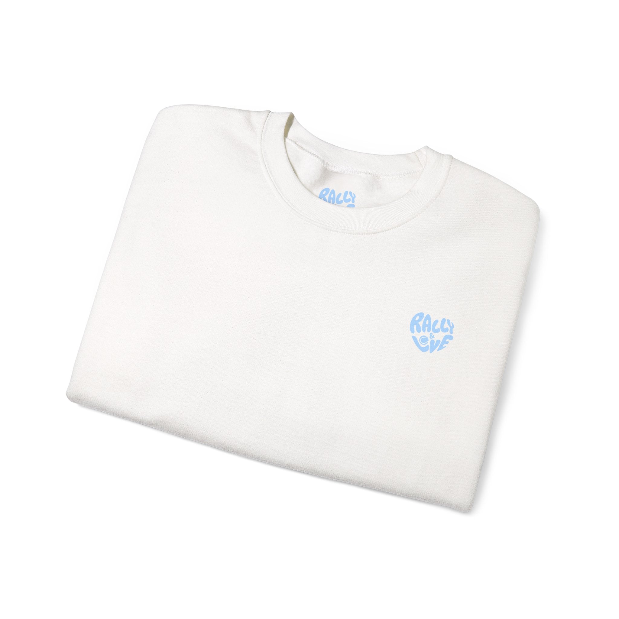 Women's Crewneck Sweatshirt — Minimal ‘Game Set Match’ Tennis Graphic (bubblegum blue)