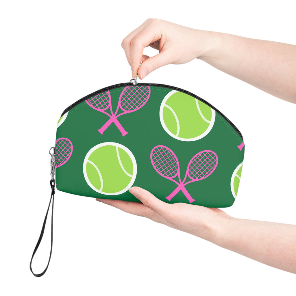 Tennis Makeup Bag — Green/Pink/Yellow Tennis Ball & Racket Cosmetic Pouch for Players