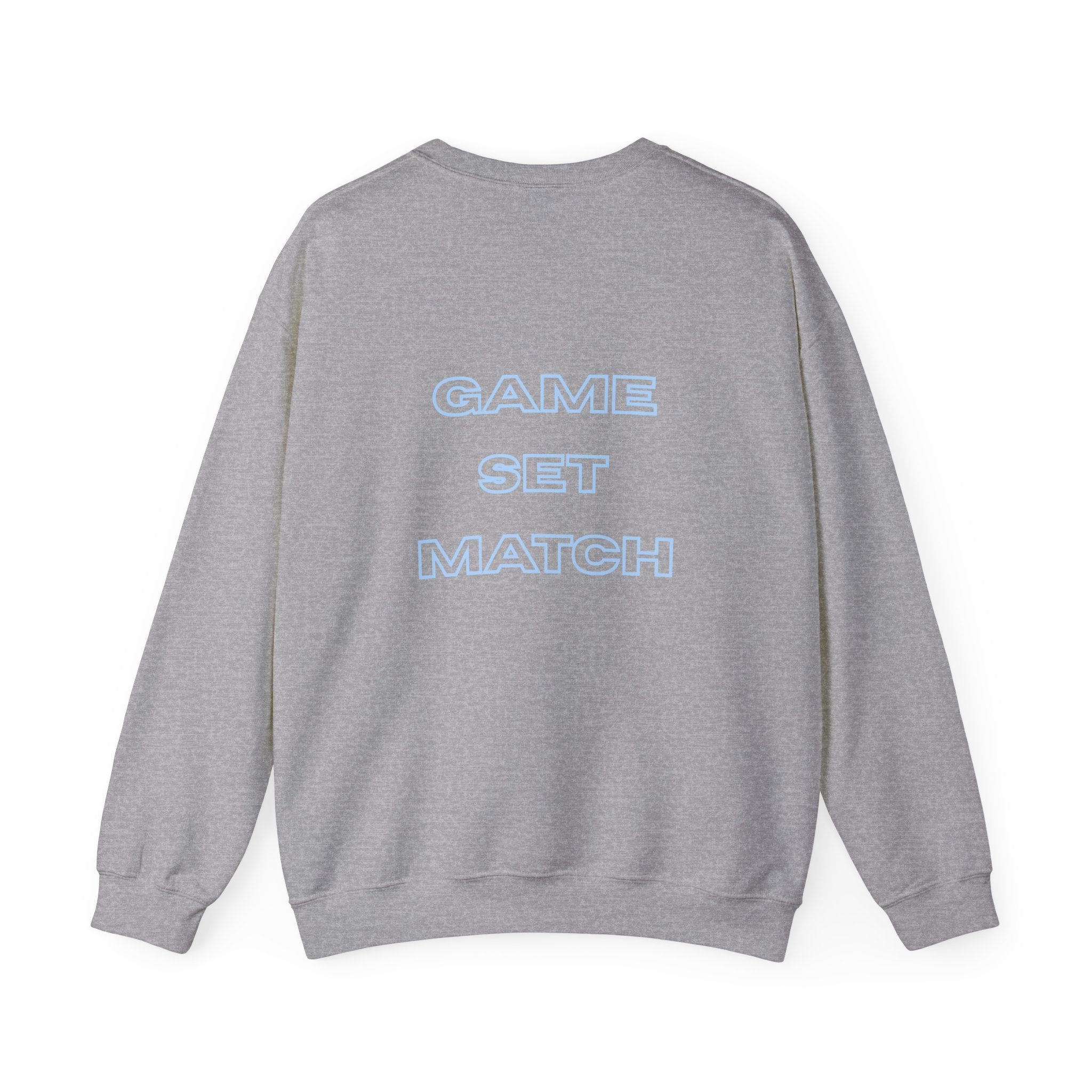 Women's Crewneck Sweatshirt — Minimal ‘Game Set Match’ Tennis Graphic (bubblegum blue)