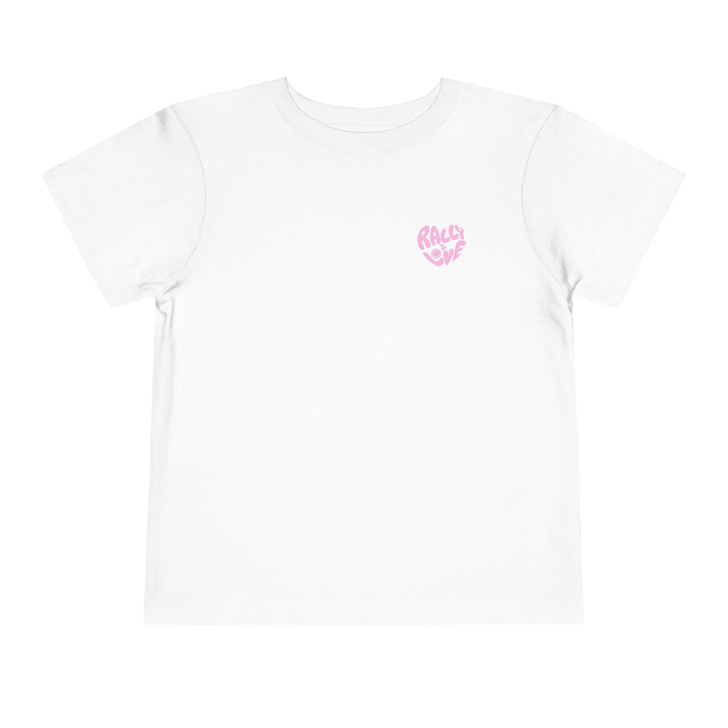 Girl's Toddler Junior Tee — 'Rally & Love' Heart Graphic Kids T-Shirt (bubblegum pink)