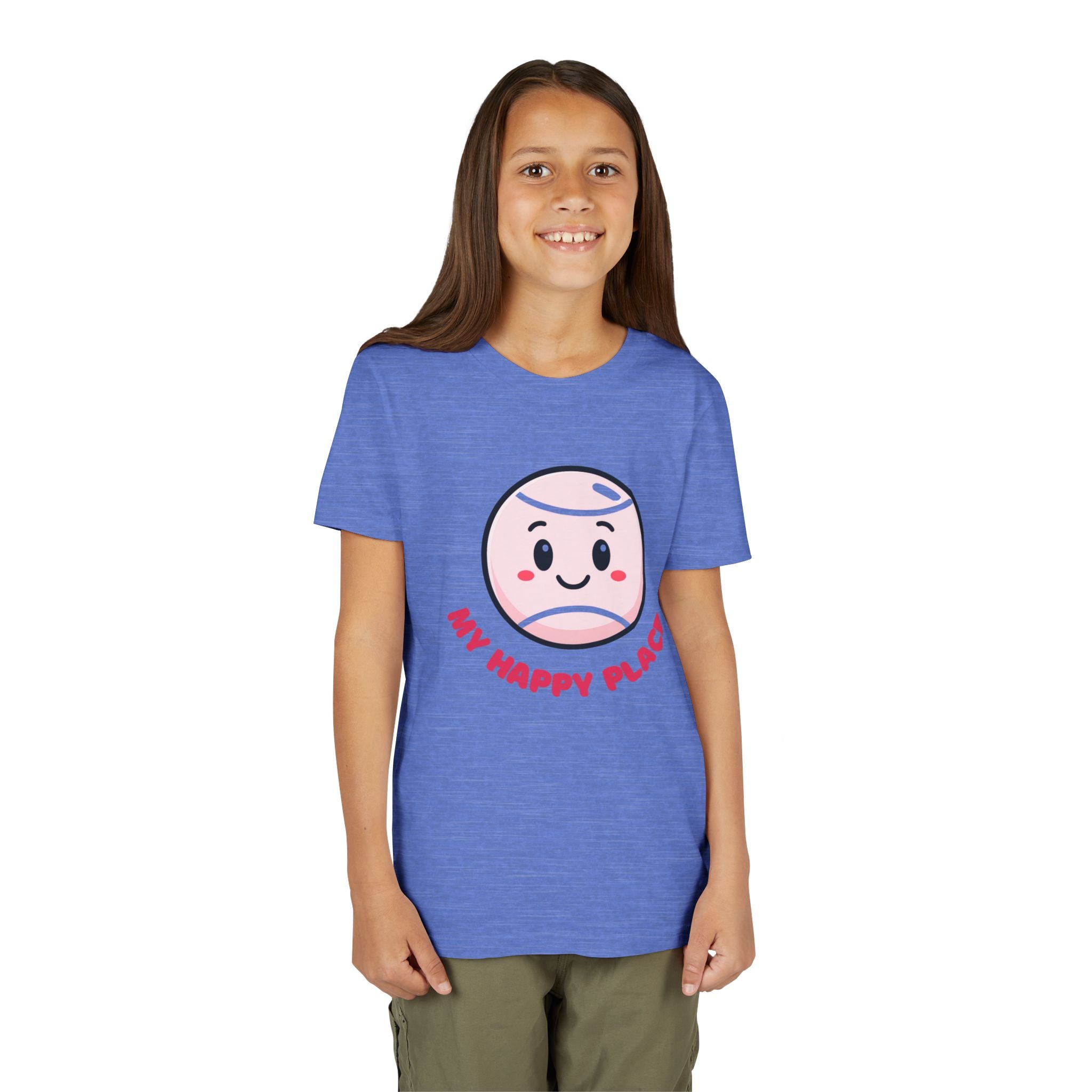 Girl's Junior Tee — Cute Smiling Tennis Ball "My Happy Place" Kids Shirt