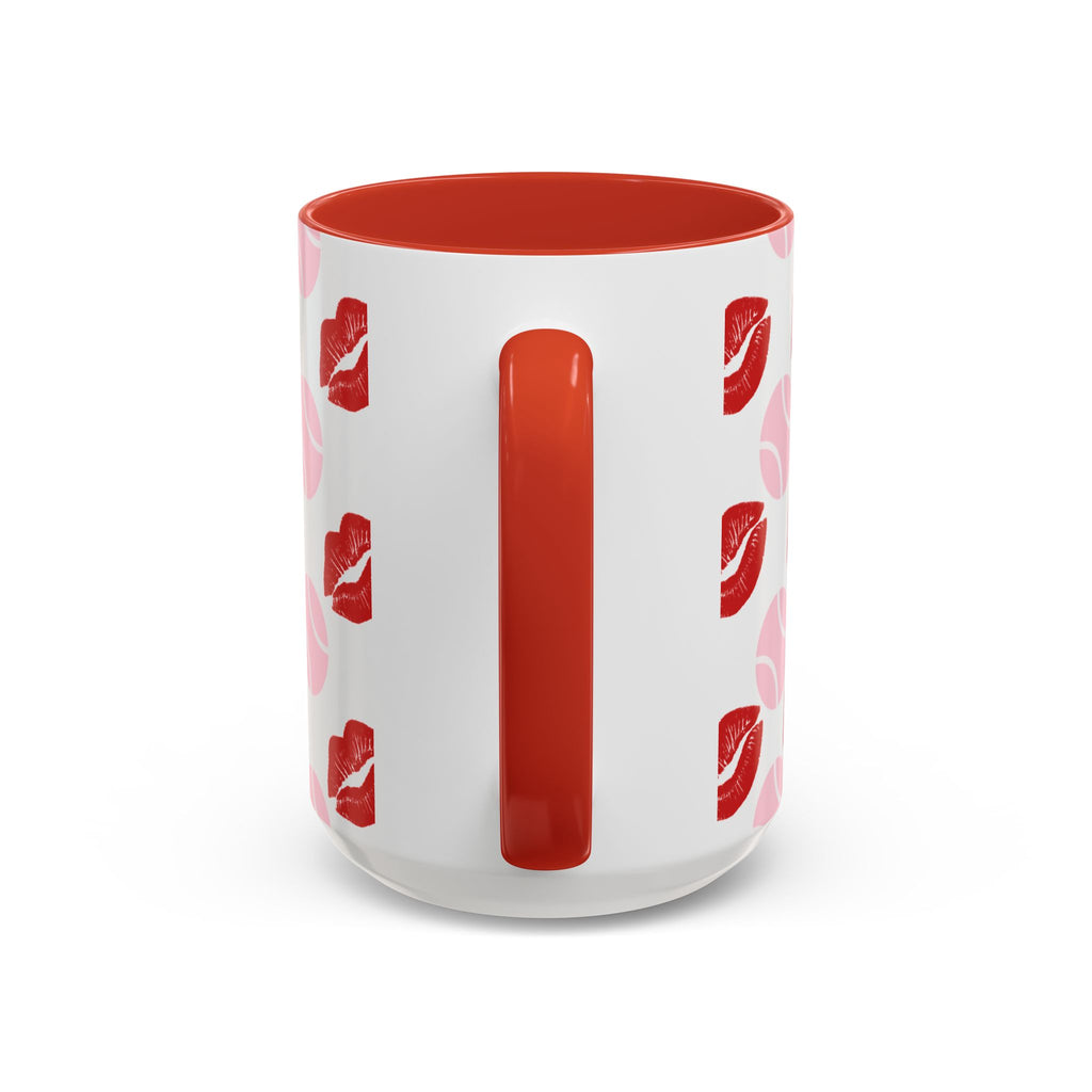 Tennis Kiss Accent Coffee Mug — 'Tennis mi amore' Pink Lip & Ball Pattern (11/15oz)