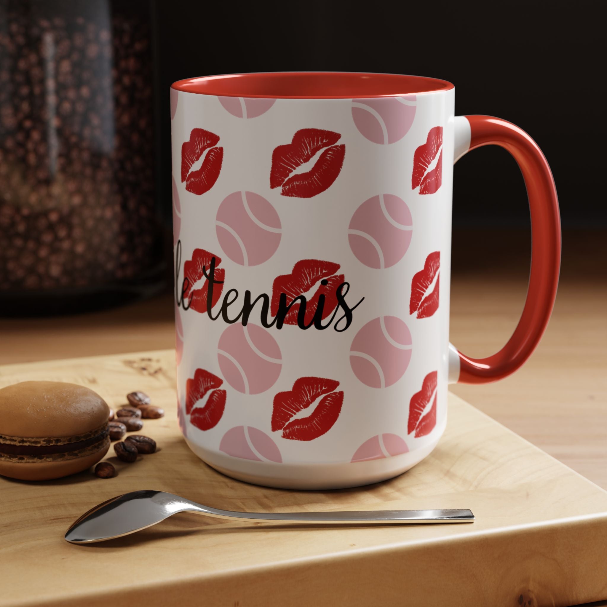 Tennis Kiss Accent Coffee Mug — 'Adore Le Tennis' Pink Balls & Red Lip Pattern (11/15 oz)