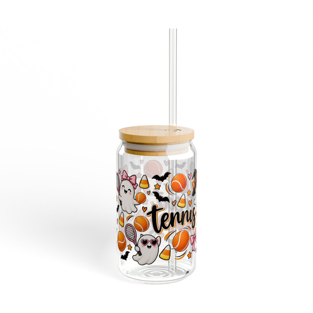 Halloween Tennis Sipper Glass, 16oz — 'Tennis-or-Treat' Cute Ghosts & Candy Corn