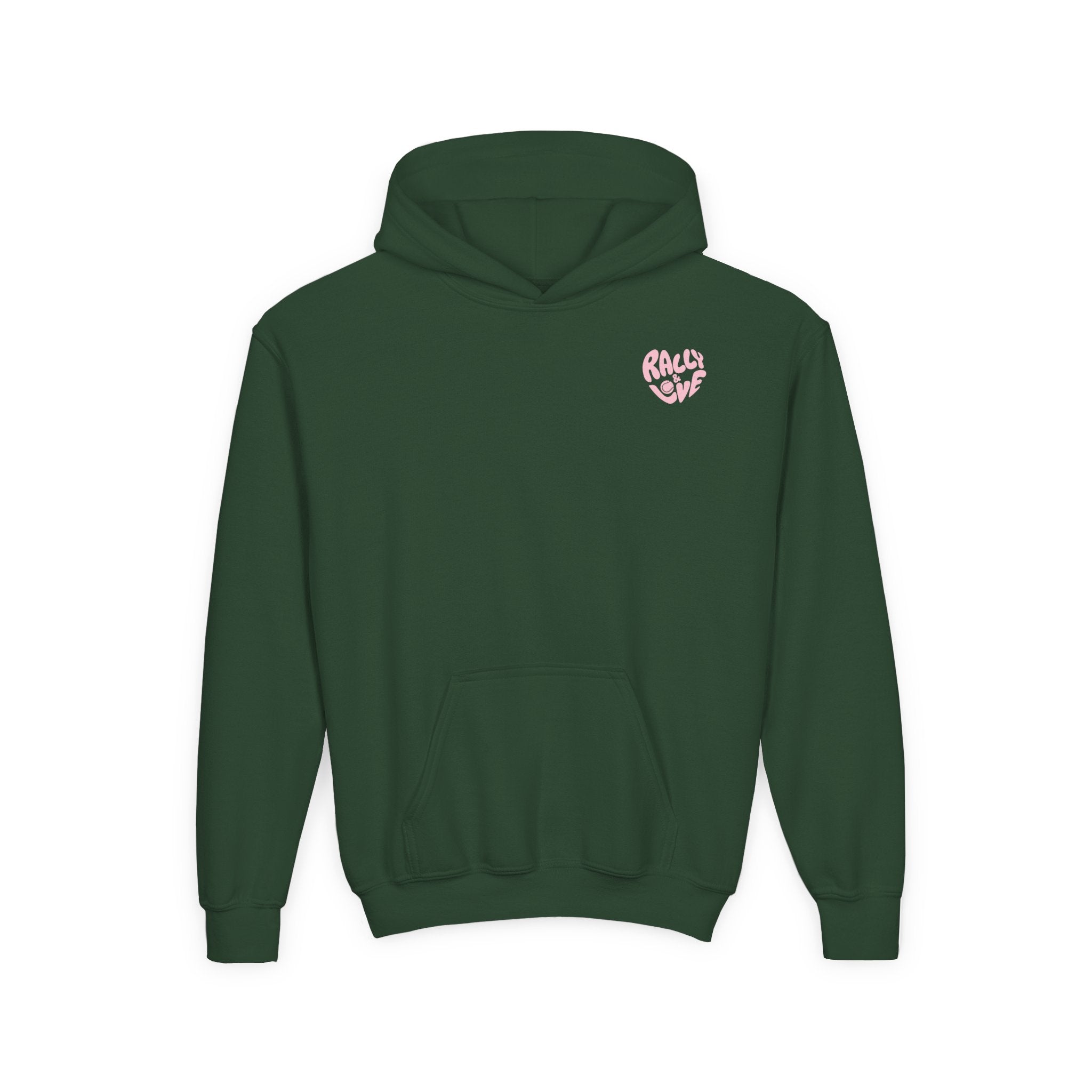 Girl's Junior Hoodie sweatshirt — "Rally & Love" Heart Chest Tennis Graphic Sweatshirt (Pink logo)