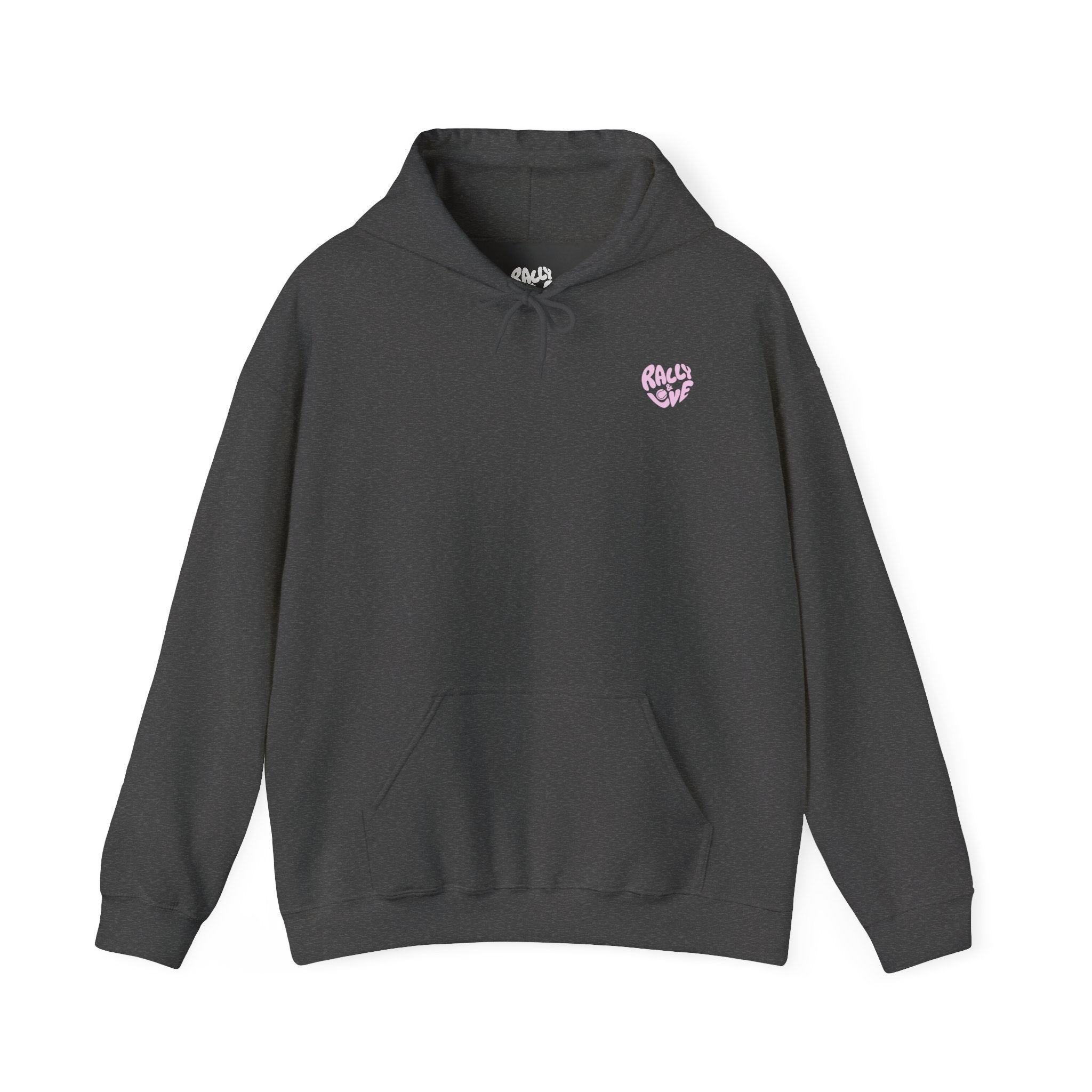 Men's Hoodie sweatshirt — 'Rally & Love' Pink logo, Minimalist Chest (Real men wear pink)