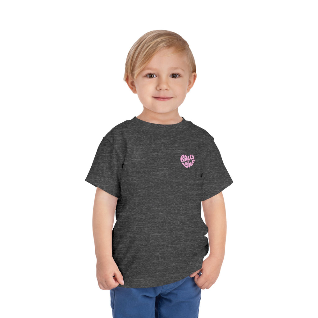 Girl's Toddler Junior Tee — 'Rally & Love' Heart Graphic Kids T-Shirt (bubblegum pink)