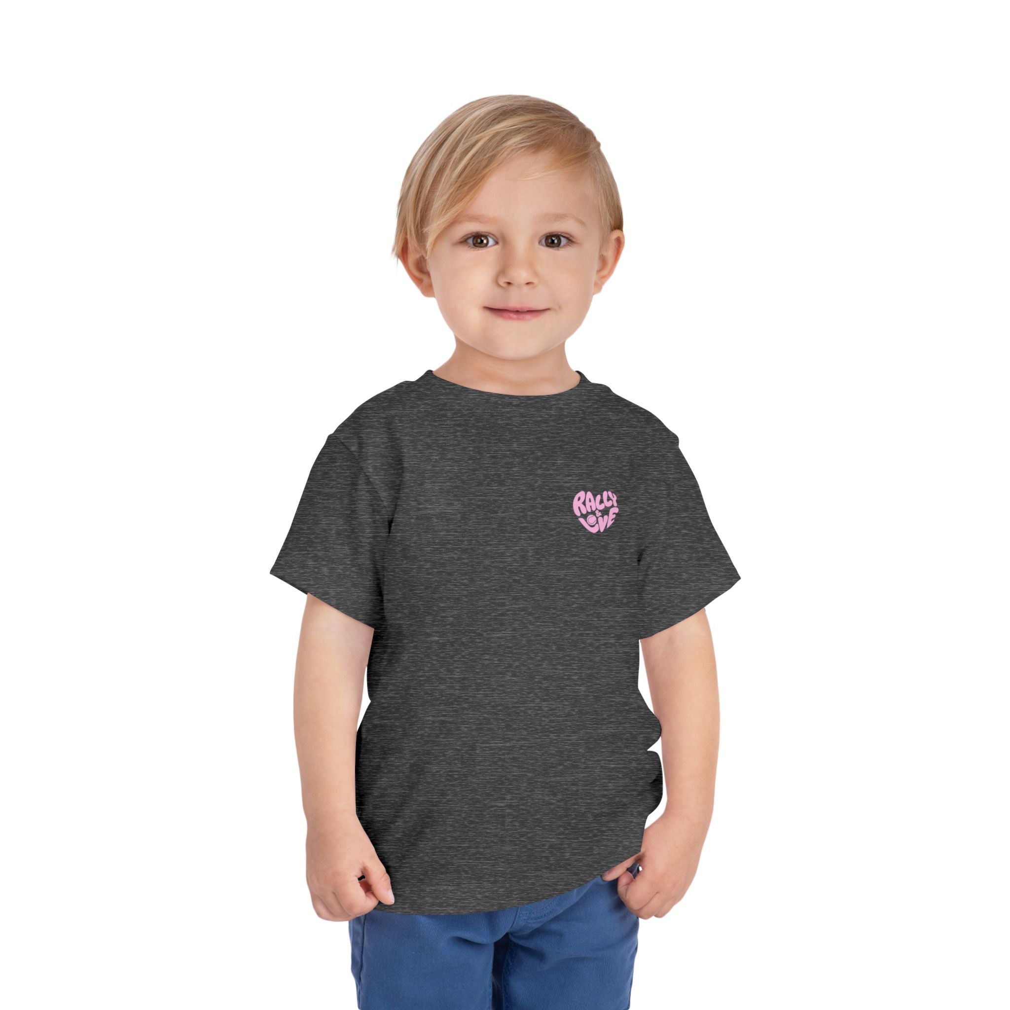 Girl's Toddler Junior Tee — 'Rally & Love' Heart Graphic Kids T-Shirt (bubblegum pink)