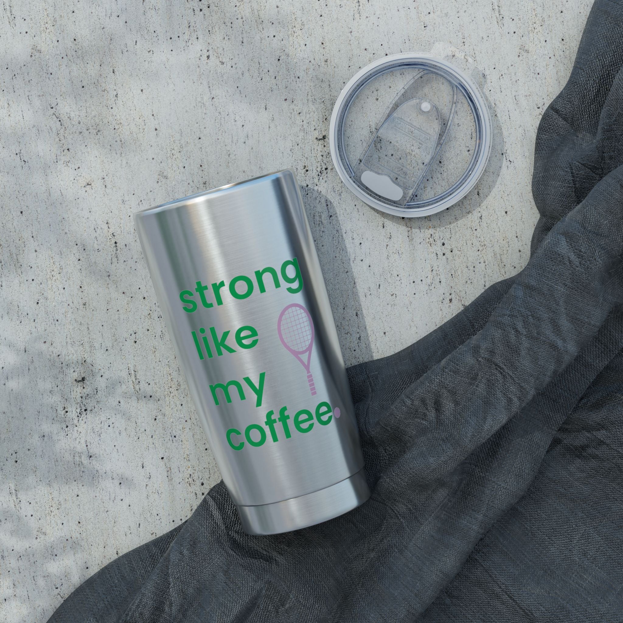 20oz Coffee Tumbler — "Strong Like My Coffee" Tennis Graphic Insulated Travel Cup (bubblegum pink/green)