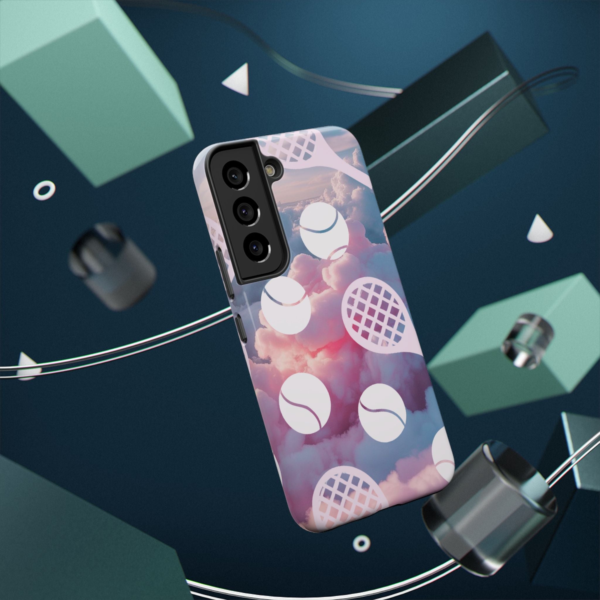 Tennis Impact-Resistant Phone Case — Tennis Rackets & Balls on Cloudscape