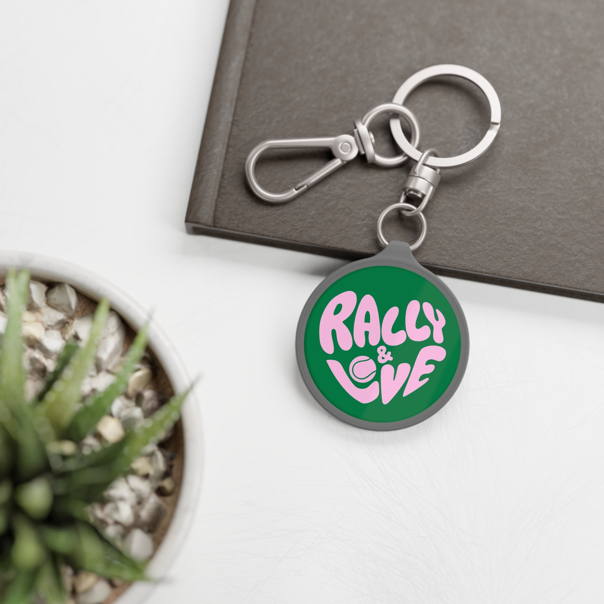 Rally & Love Keyring Tag — Green/Pink Logo Keychain (bubblegum pink)