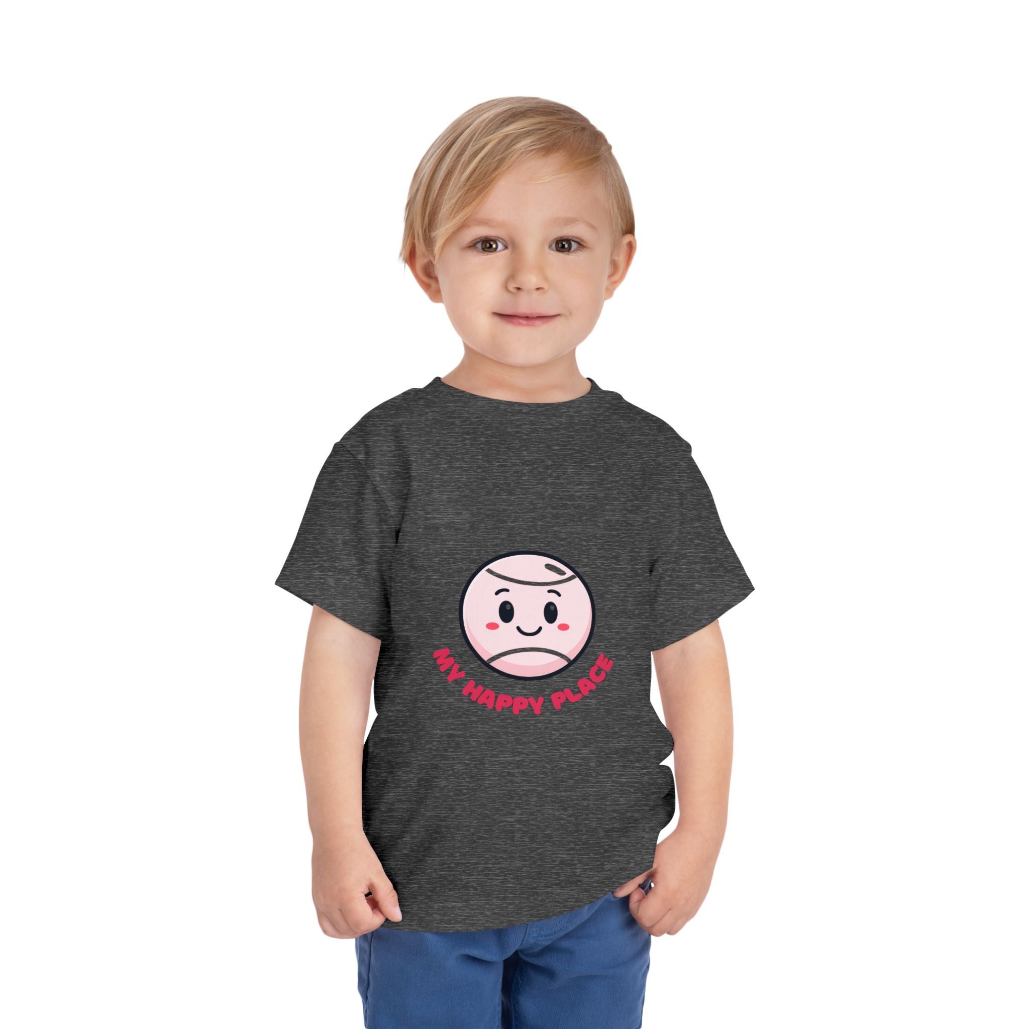 Girl Toddler's Junior Tee - 'My Happy Place' Cute Tennis Ball Smiley Face T-Shirt