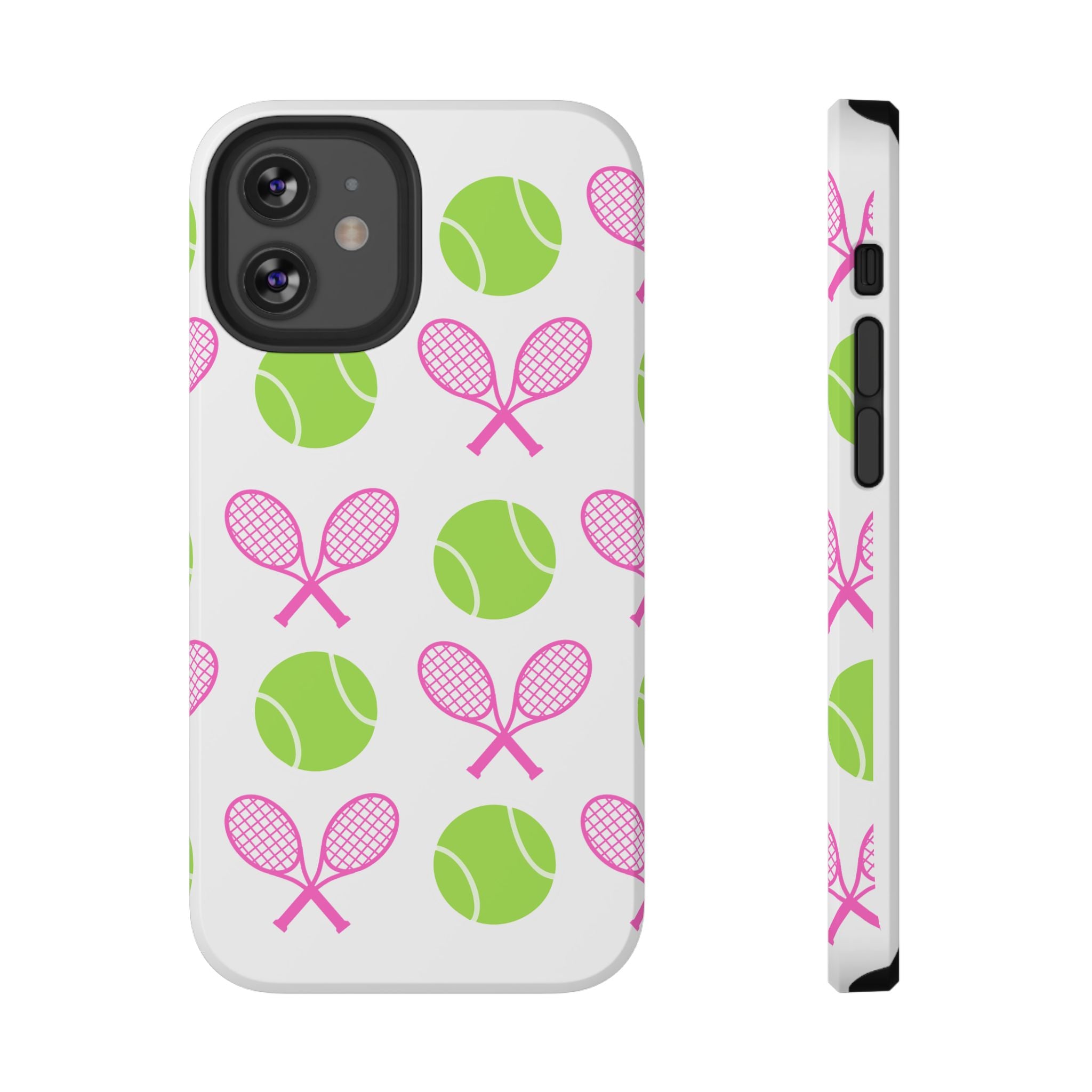 Tennis Pattern Impact-Resistant Phone Case — Pink Rackets & Green Balls