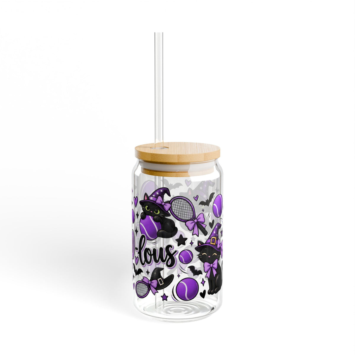 Halloween Cat Sipper Glass 16 oz - 'Fa-Boo-Lous' Cat Witchy Drink Jar