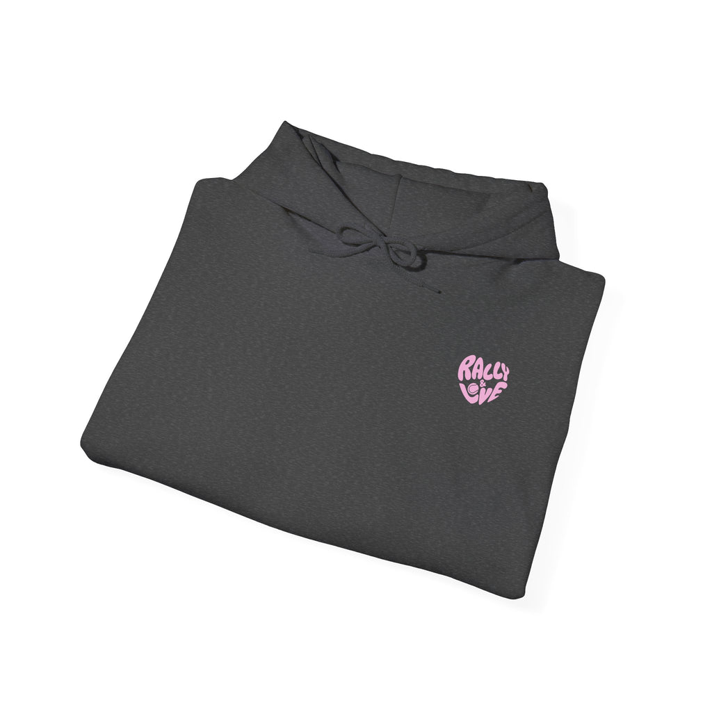 Women's Hoodie sweatshirt — "J'adore le tennis" Tennis Ball Sleeve Design (bubblegum pink)