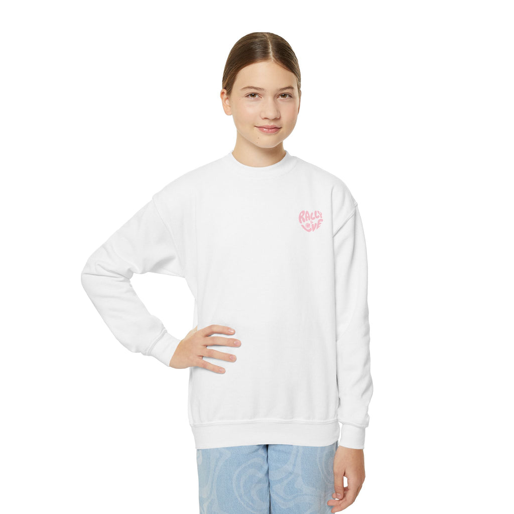 Girls Junior Tennis Crewneck Sweatshirt — 'Rally & Love' logo (bubblegum pink)