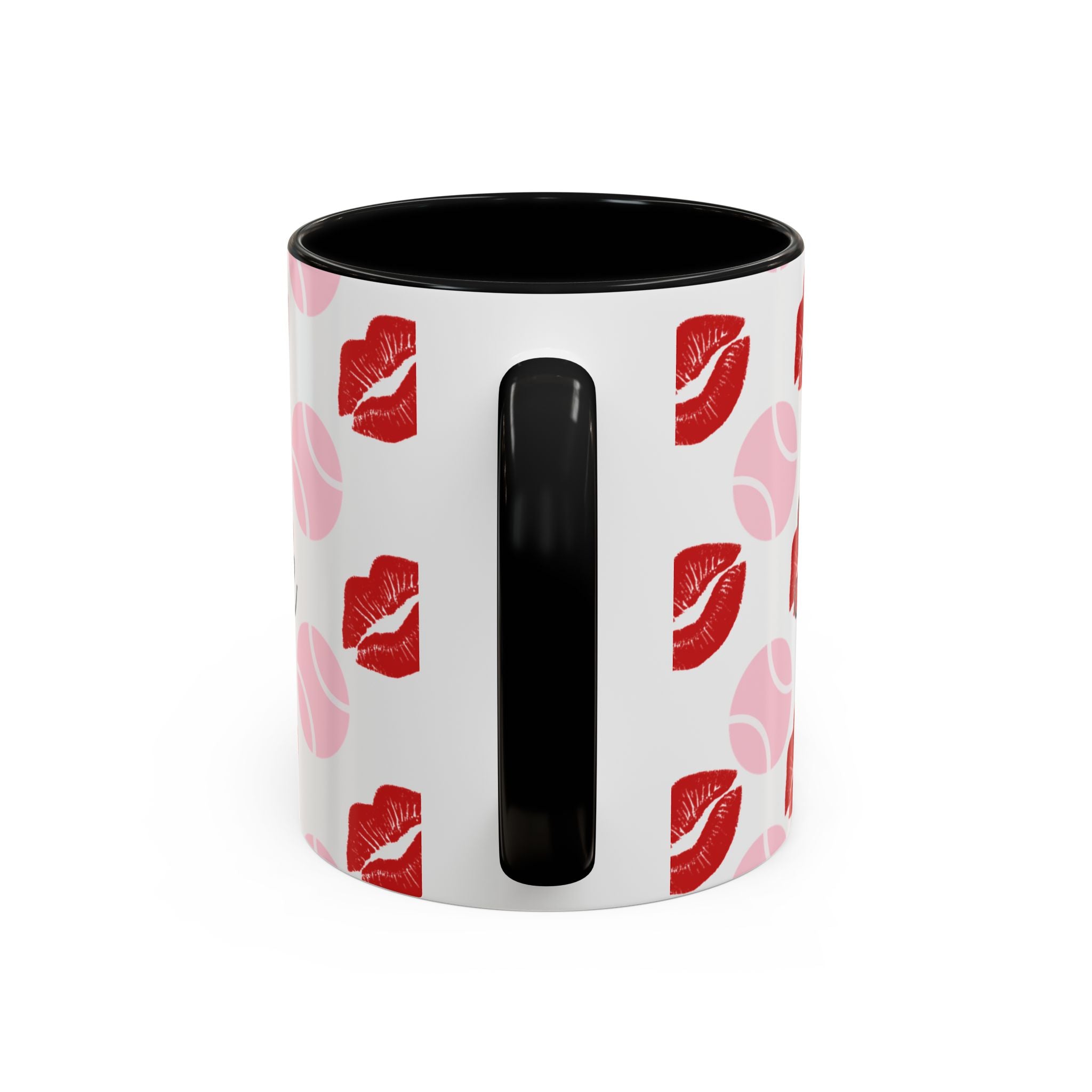 Tennis Kiss Accent Coffee Mug — 'Tennis mi amore' Pink Lip & Ball Pattern (11/15oz)