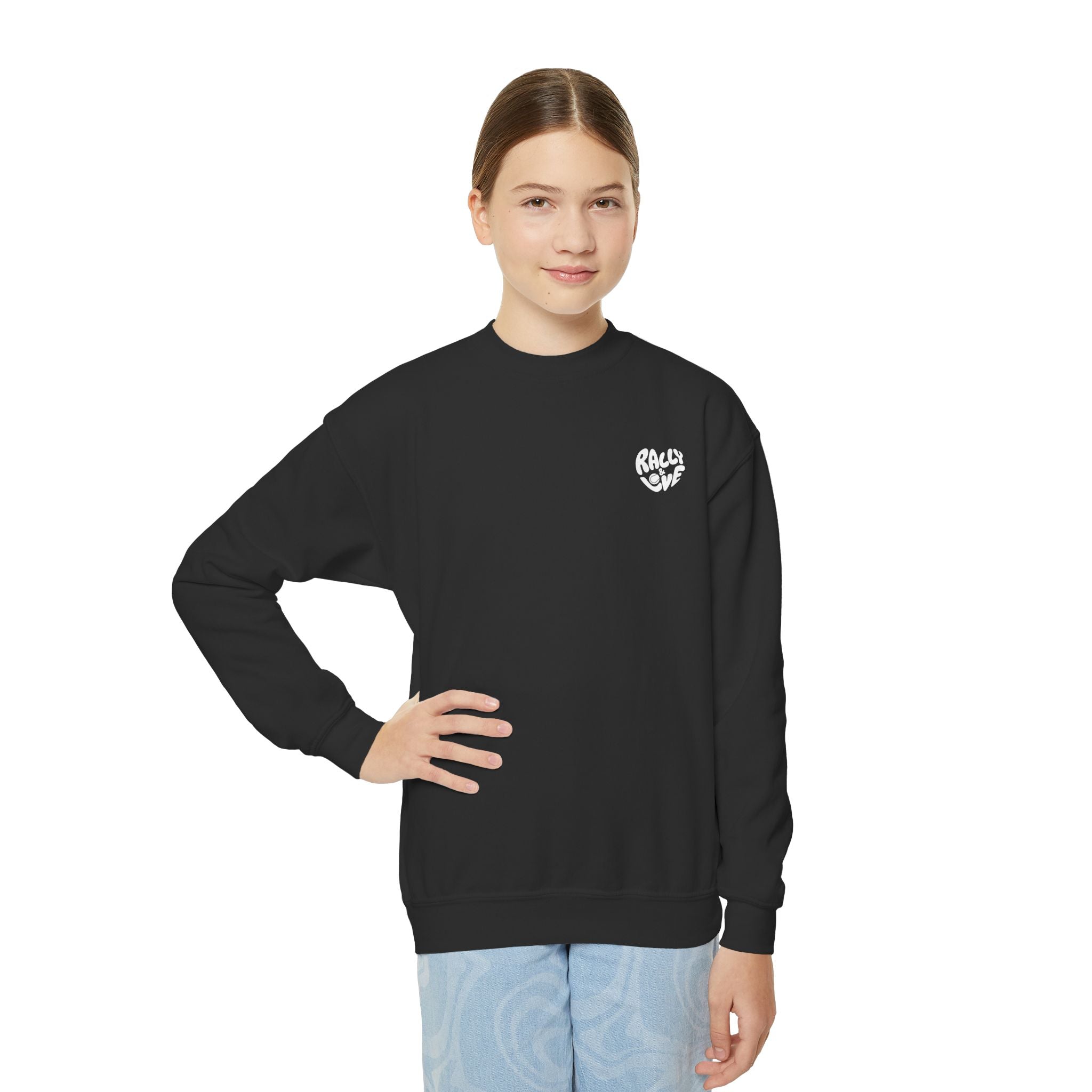 Girl's Junior Crewneck Sweatshirt — Cute Smiling Tennis Ball "My Happy Place" Kids Shirt