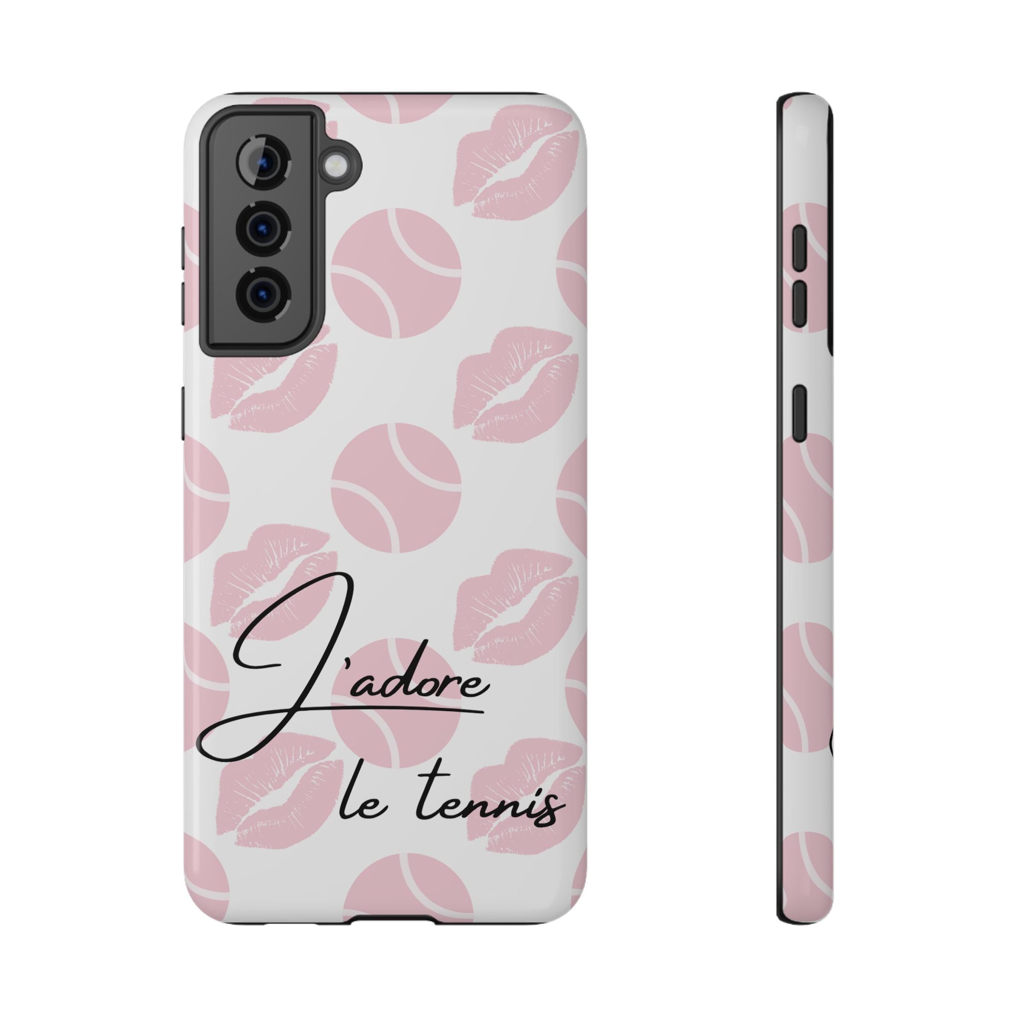 Impact-Resistant Phone Case - 'J'adore le tennis', pink tennis balls/lips