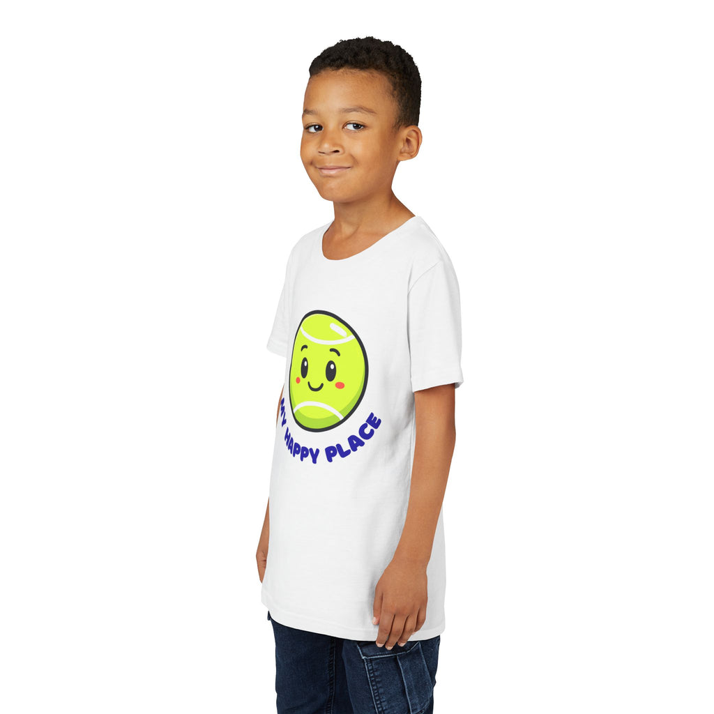 Boy's Junior Tee — Cute Smiling Tennis Ball "My Happy Place" Kids Shirt
