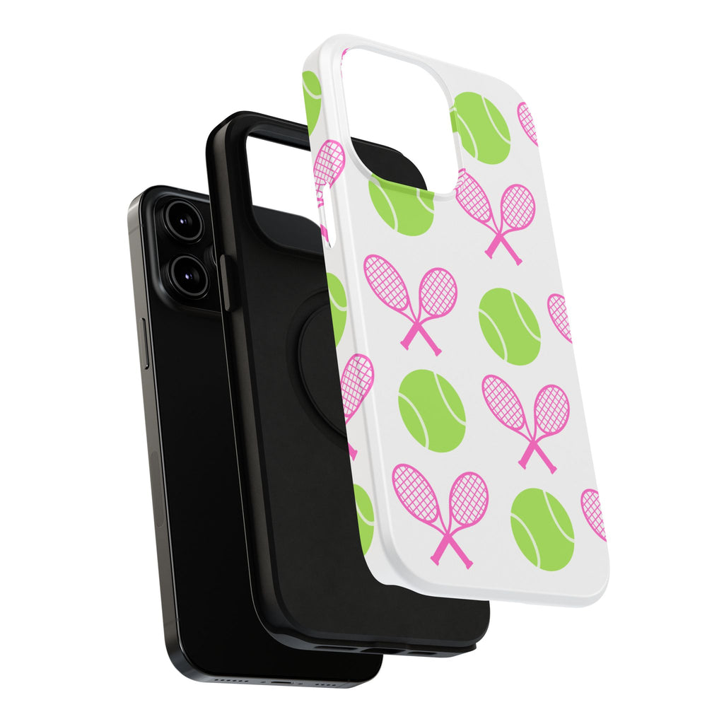 Tennis Pattern Impact-Resistant Phone Case — Pink Rackets & Green Balls