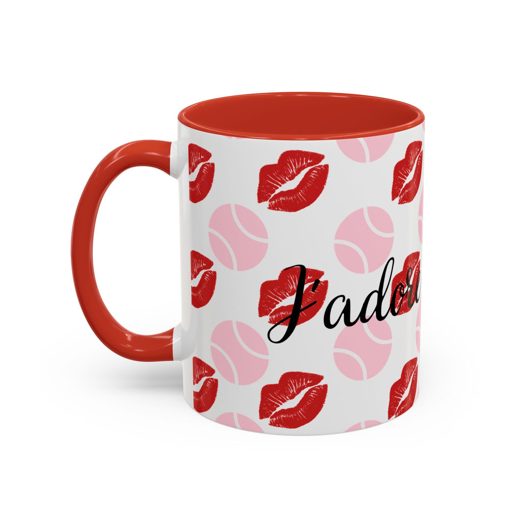Tennis Kiss Accent Coffee Mug — 'Adore Le Tennis' Pink Balls & Red Lip Pattern (11/15 oz)