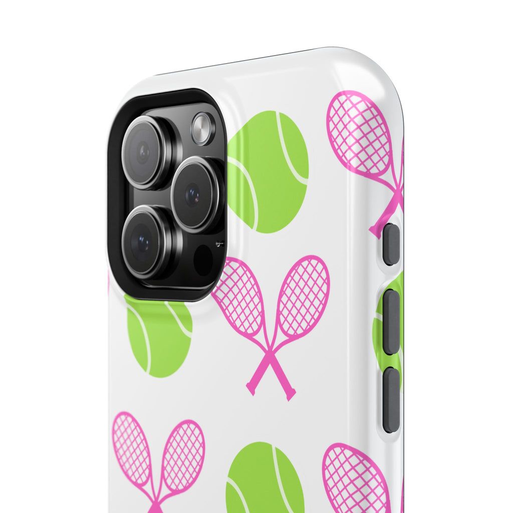 Tennis Pattern Impact-Resistant Phone Case — Pink Rackets & Green Balls