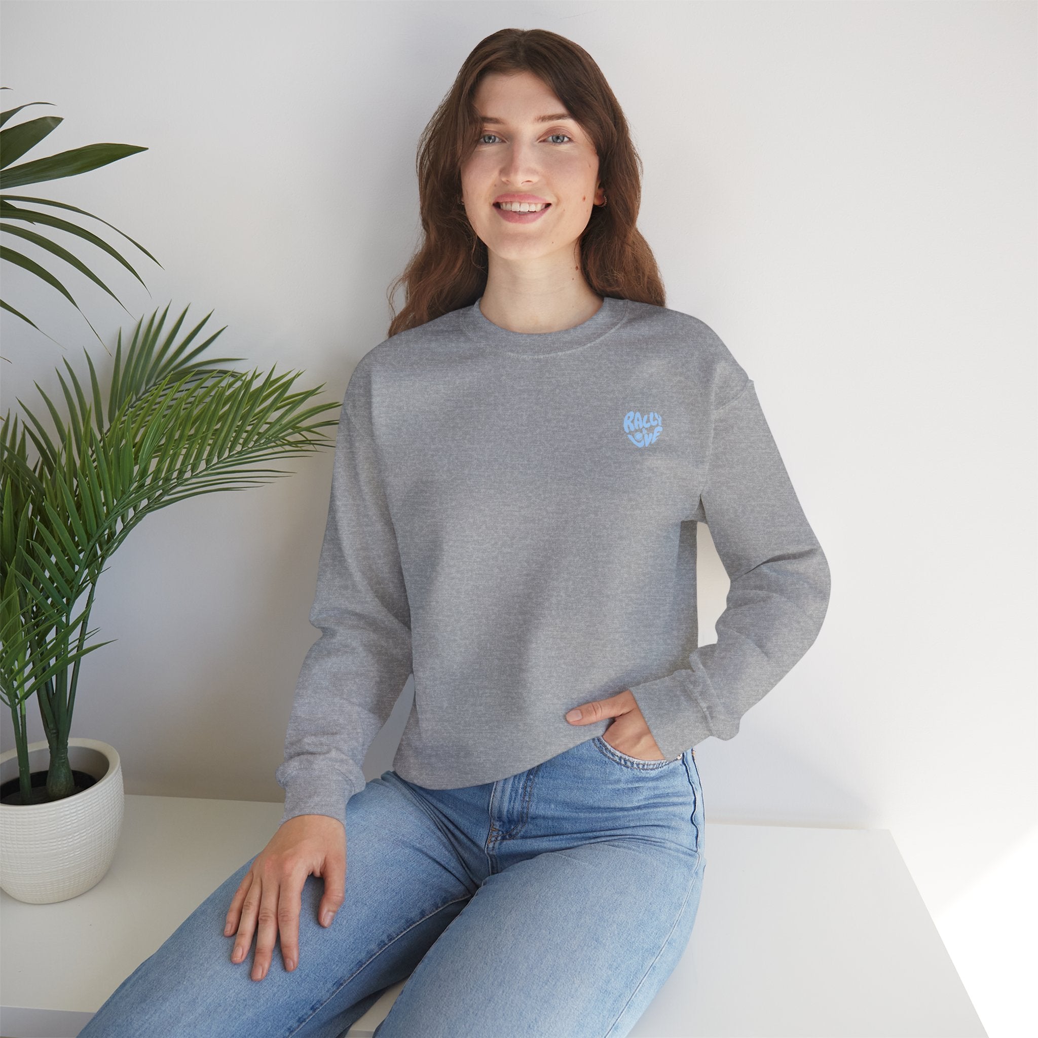 Women's Crewneck Sweatshirt — Minimal ‘Game Set Match’ Tennis Graphic (bubblegum blue)