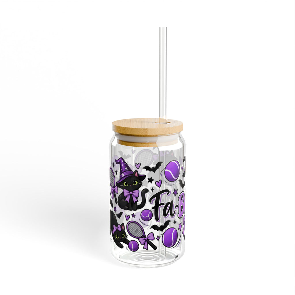 Halloween Cat Sipper Glass 16 oz - 'Fa-Boo-Lous' Cat Witchy Drink Jar