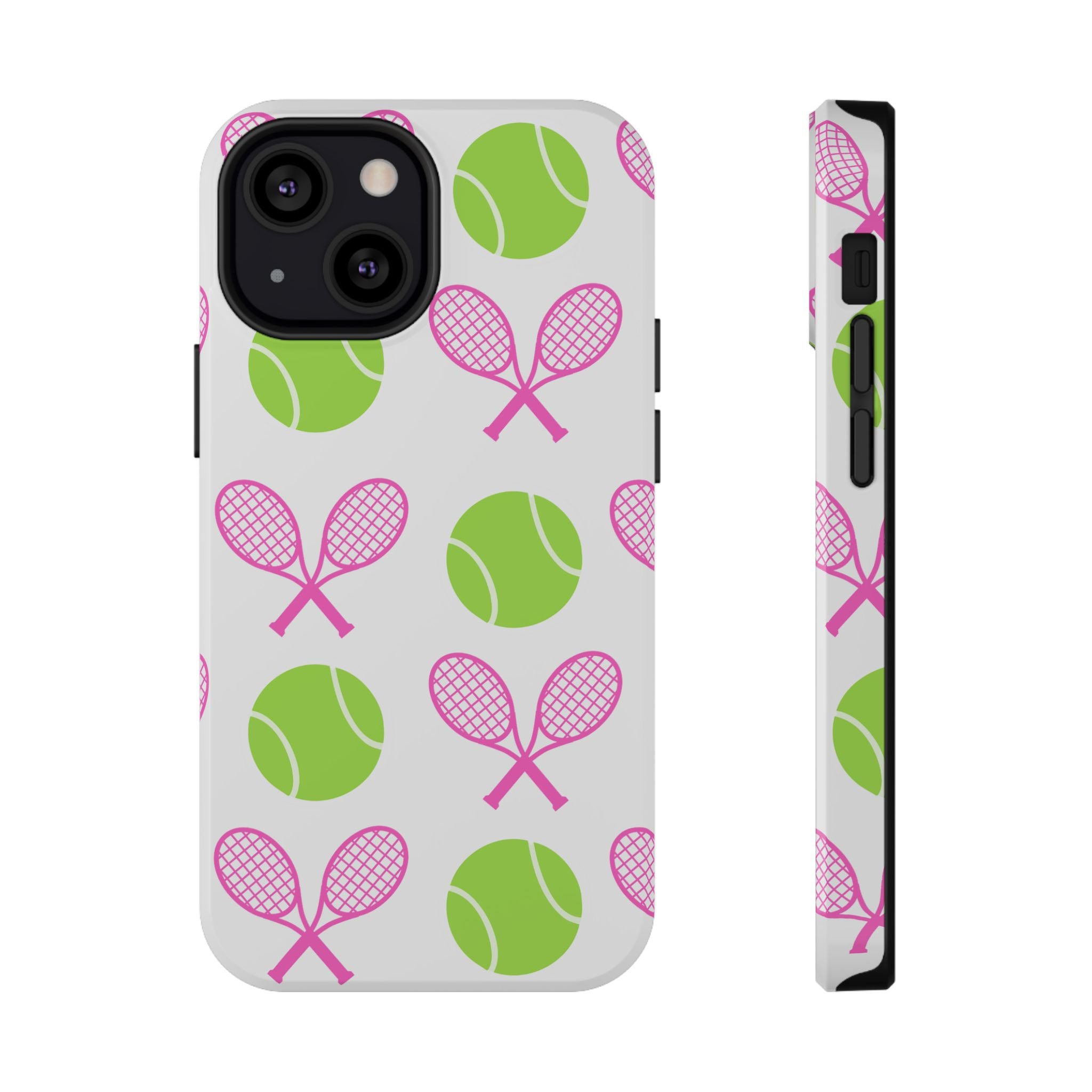 Tennis Pattern Impact-Resistant Phone Case — Pink Rackets & Green Balls