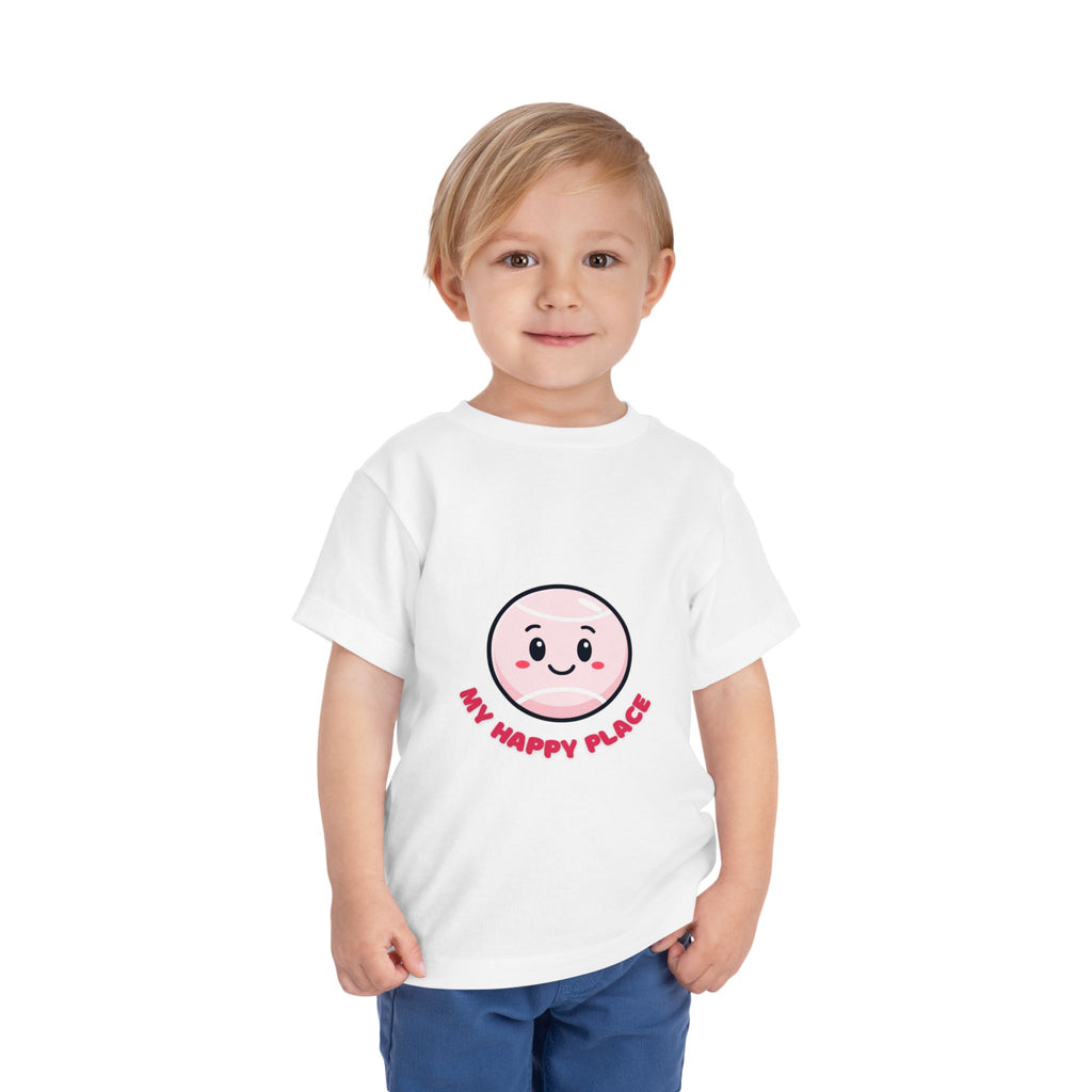 Girl Toddler's Junior Tee - 'My Happy Place' Cute Tennis Ball Smiley Face T-Shirt