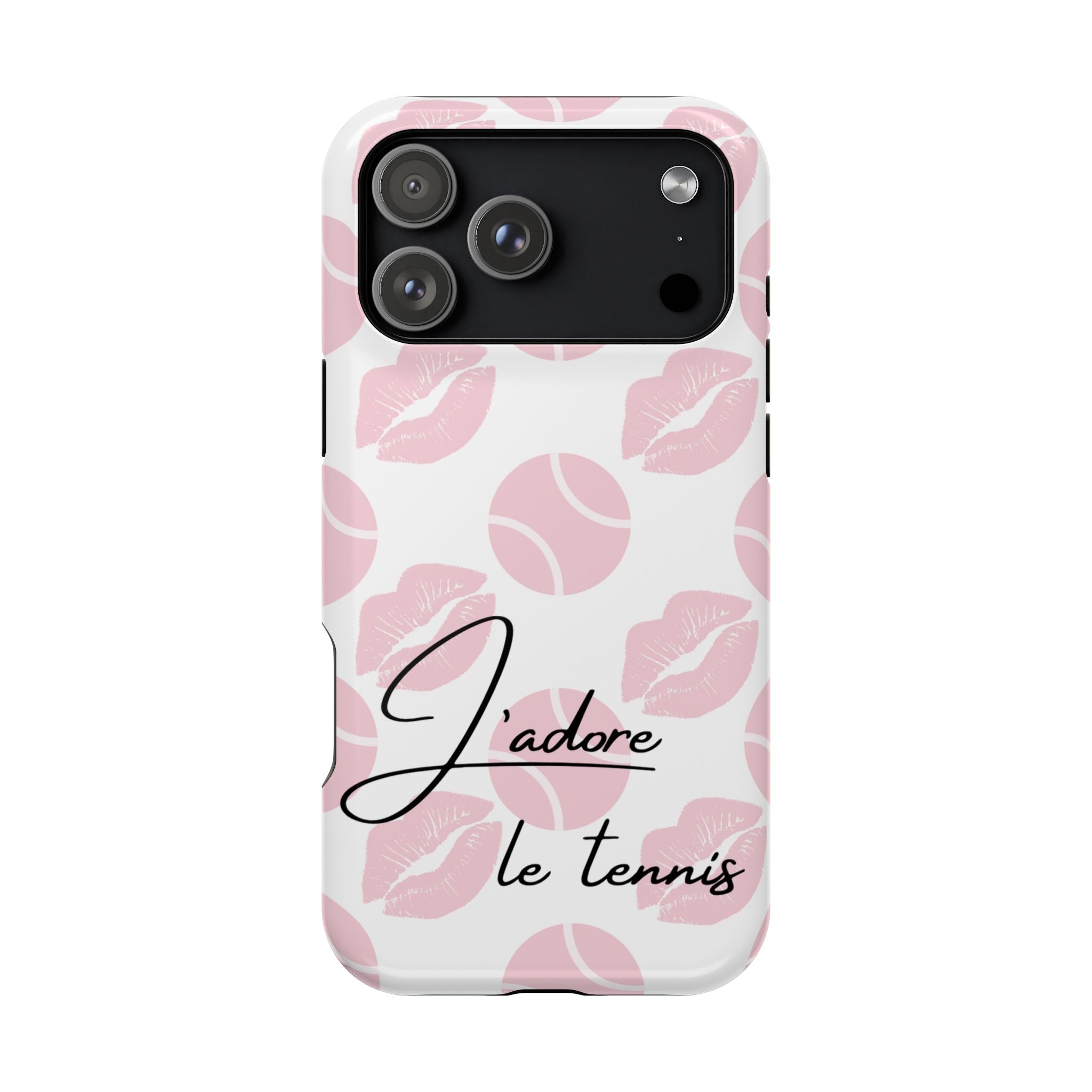 Impact-Resistant Phone Case - 'J'adore le tennis', pink tennis balls/lips
