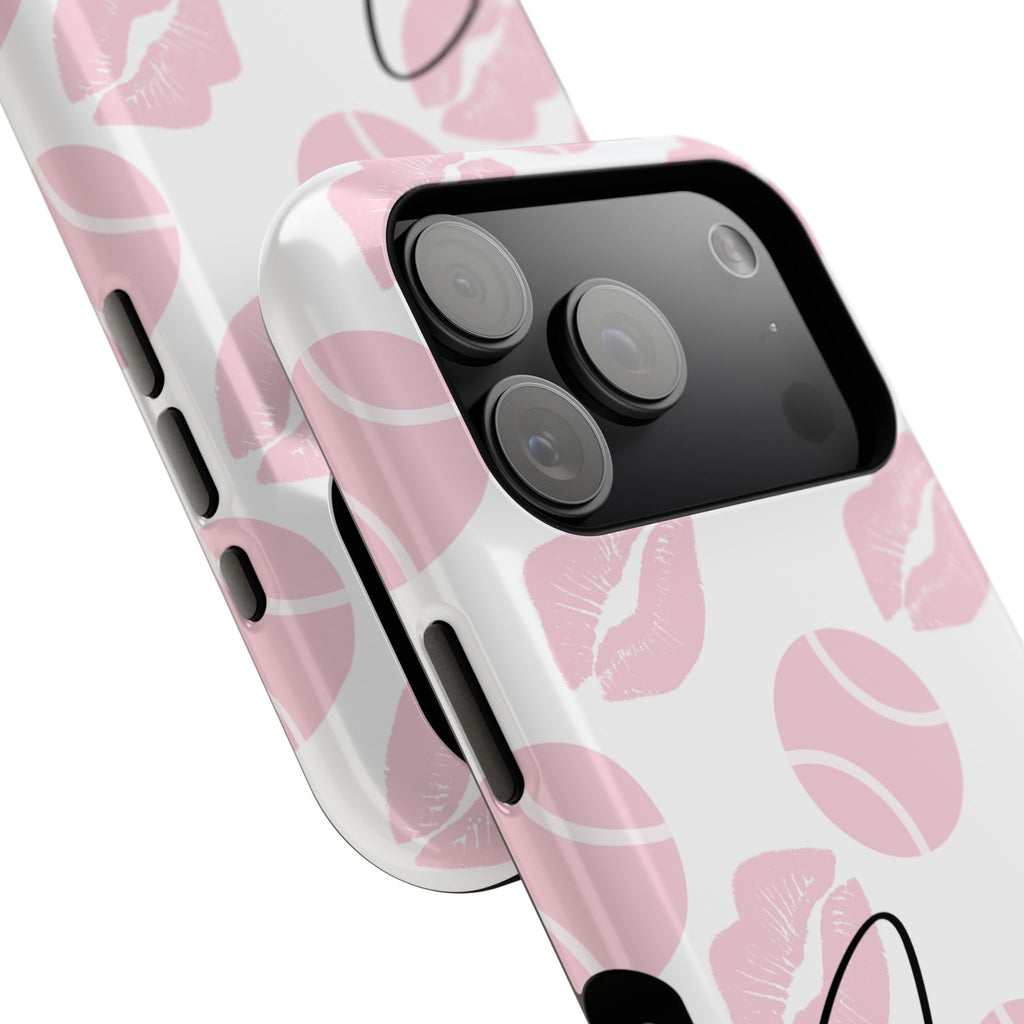 Impact-Resistant Phone Case - 'J'adore le tennis', pink tennis balls/lips