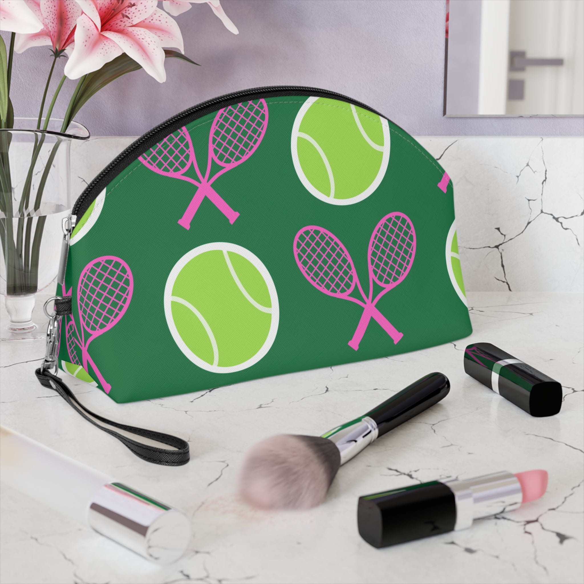 Tennis Makeup Bag — Green/Pink/Yellow Tennis Ball & Racket Cosmetic Pouch for Players