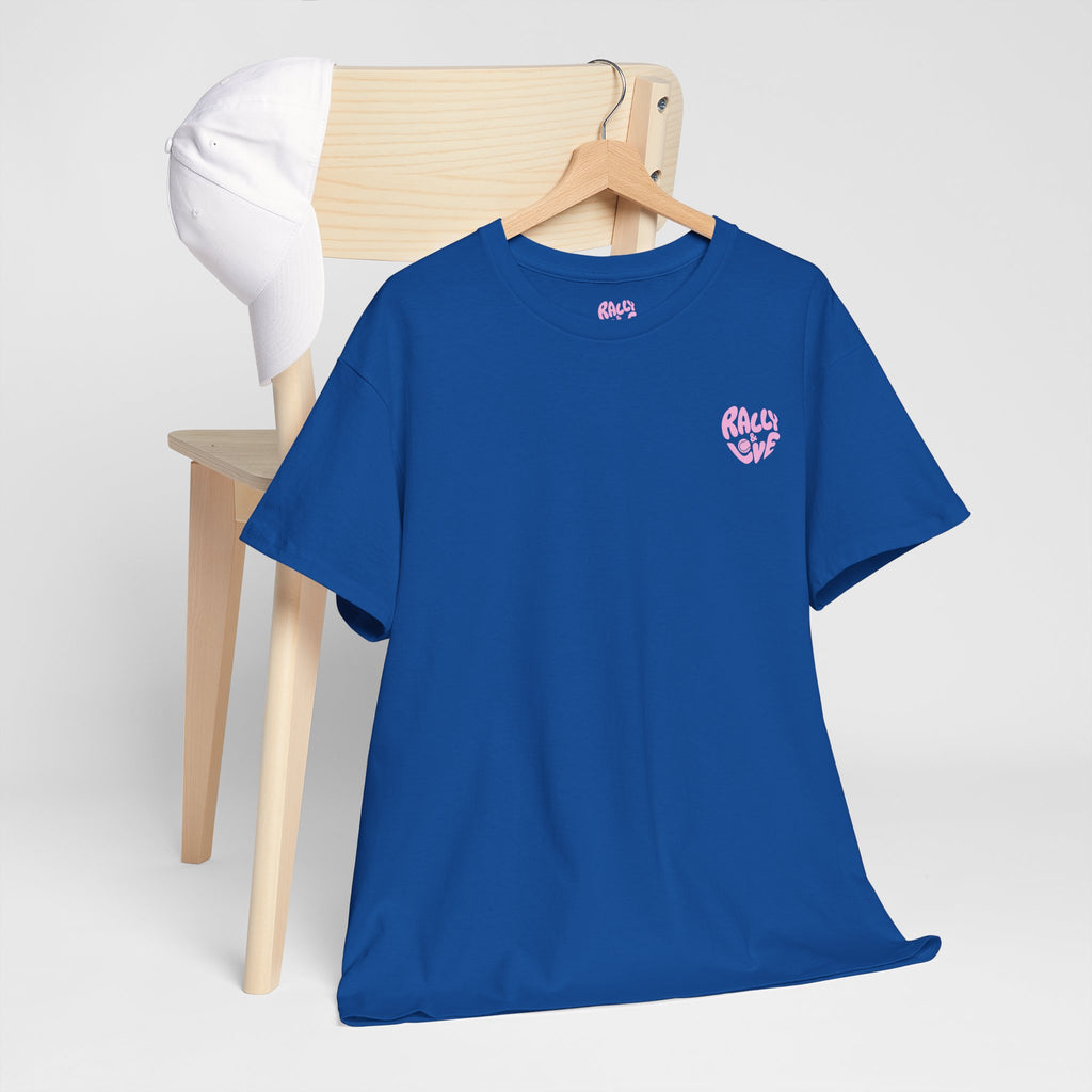 Women's Tee - Minimalist "Rally & Love" logo Chest Print (bubblegum pink)